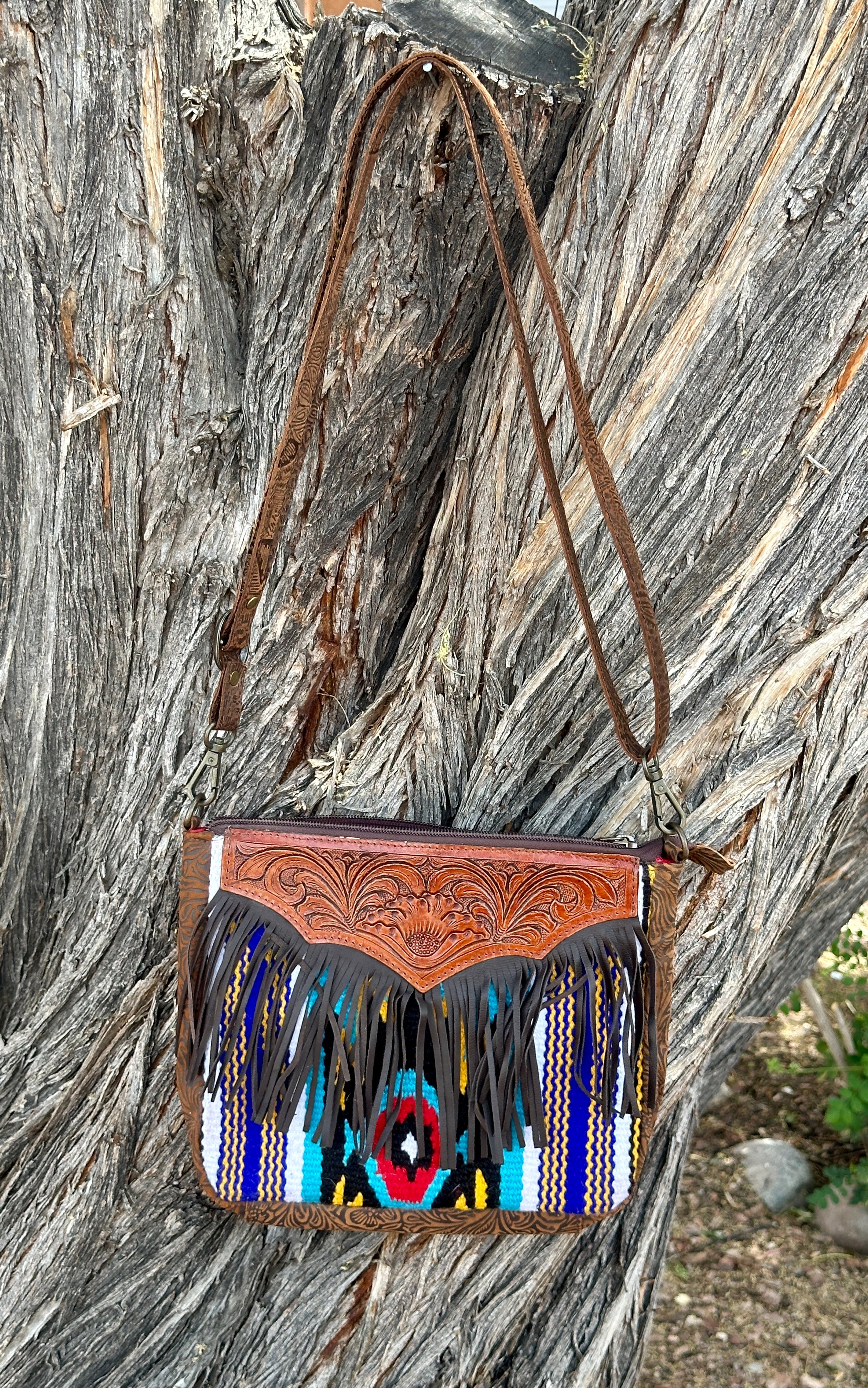 Genuine Tooled Leather & Hand Woven Fringe Purse