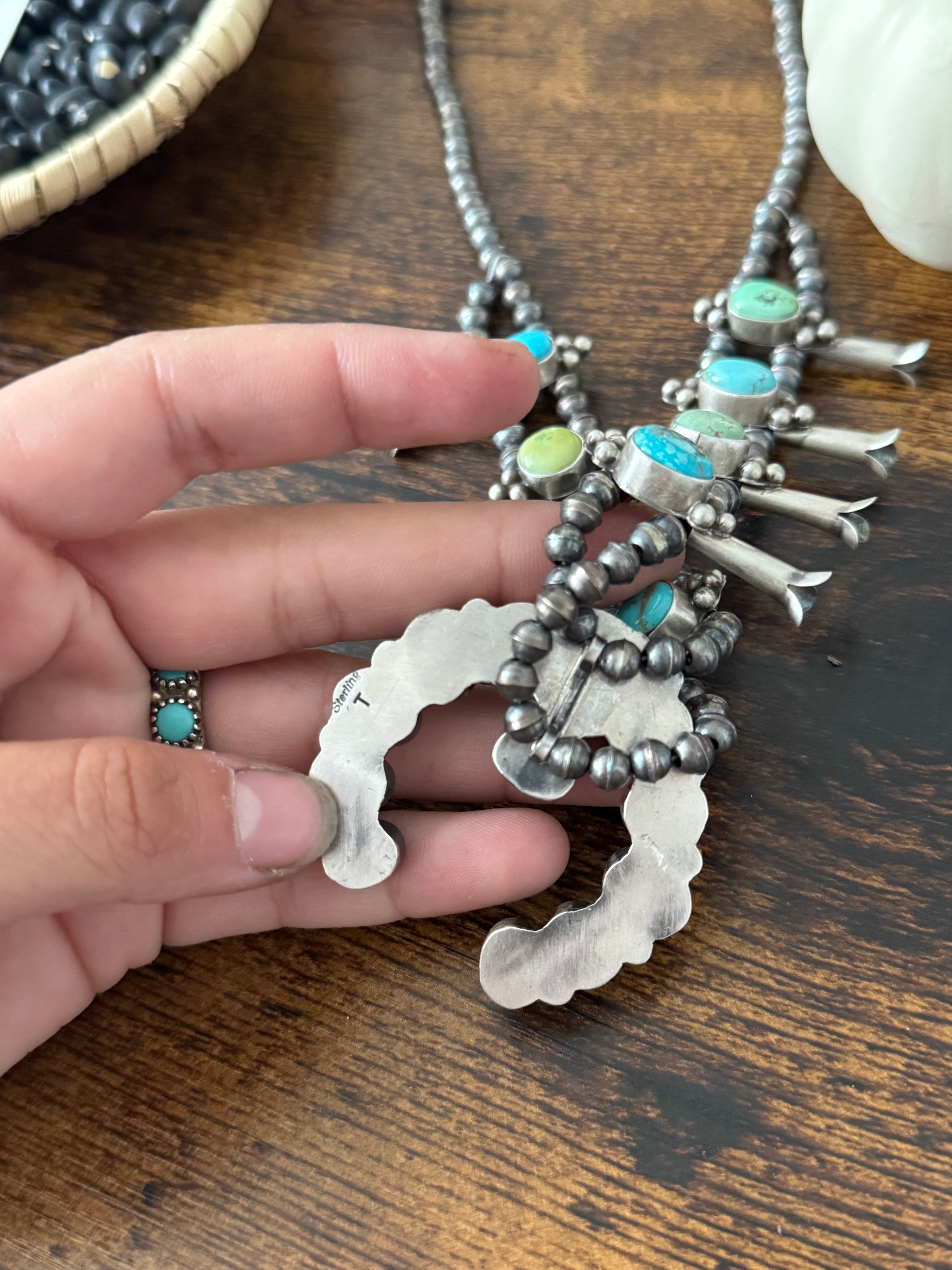 Tricia Smith Mixed Turquoise & Sterling Silver Squash Blossom Necklace