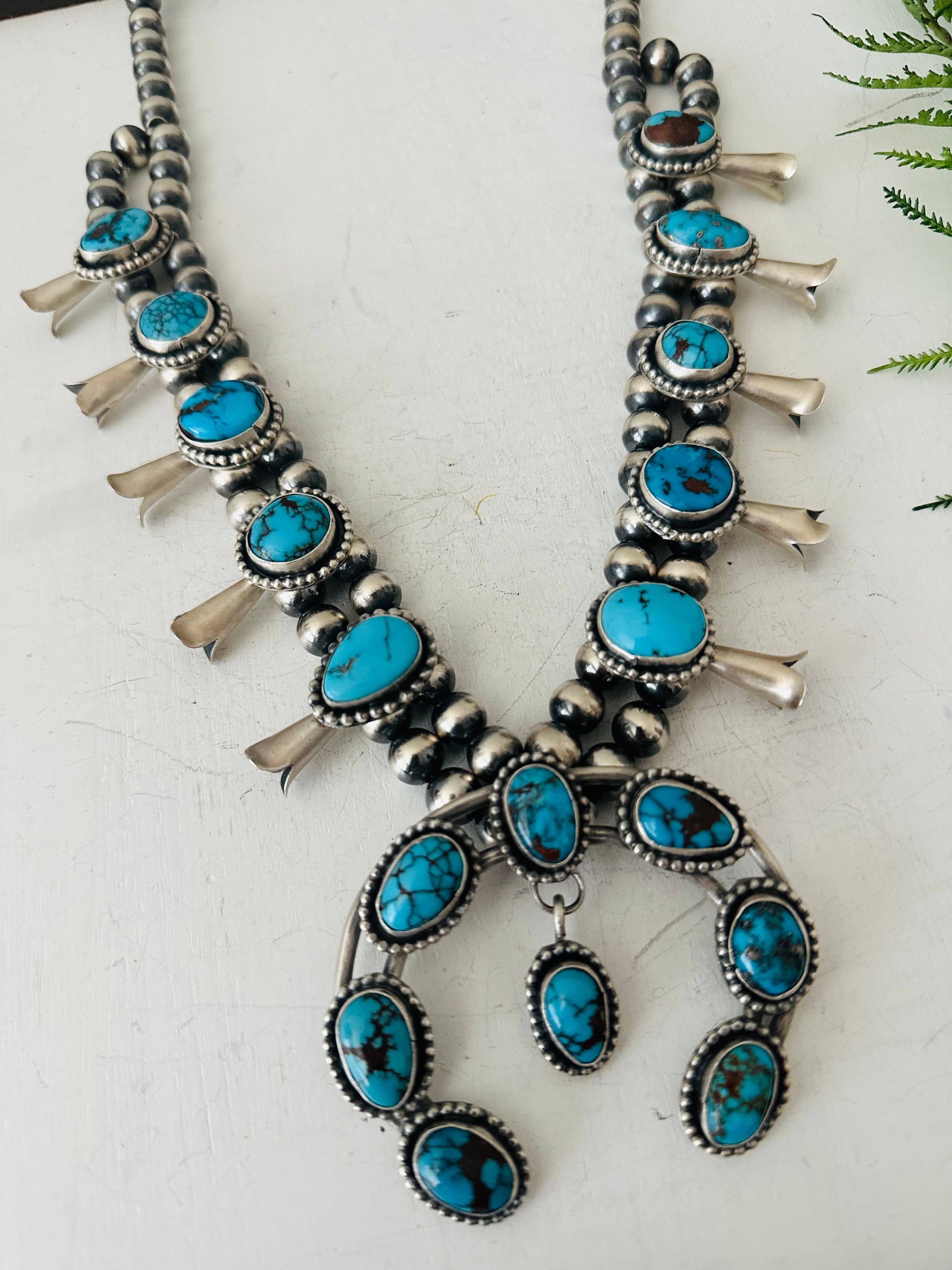 Gilbert Nez Egyptian Prince Turquoise & Sterling Silver Squash Blossom Necklace