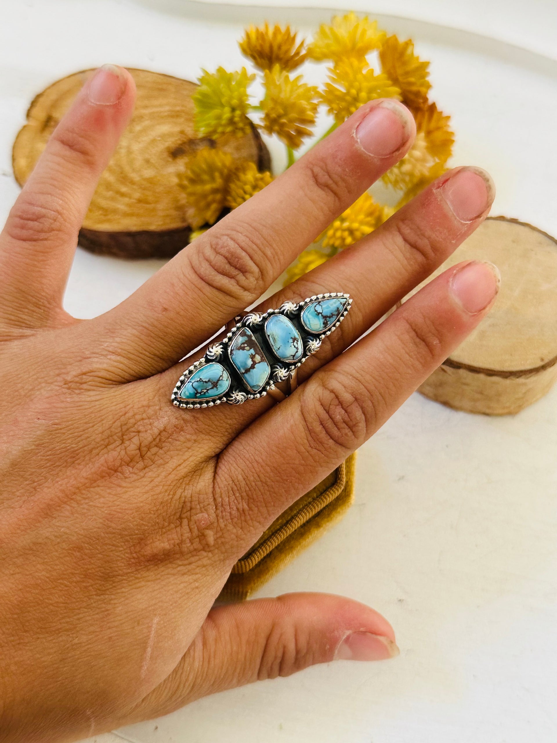 Southwest Handmade Golden Hills Turquoise & Sterling Silver Ring Size 9.75