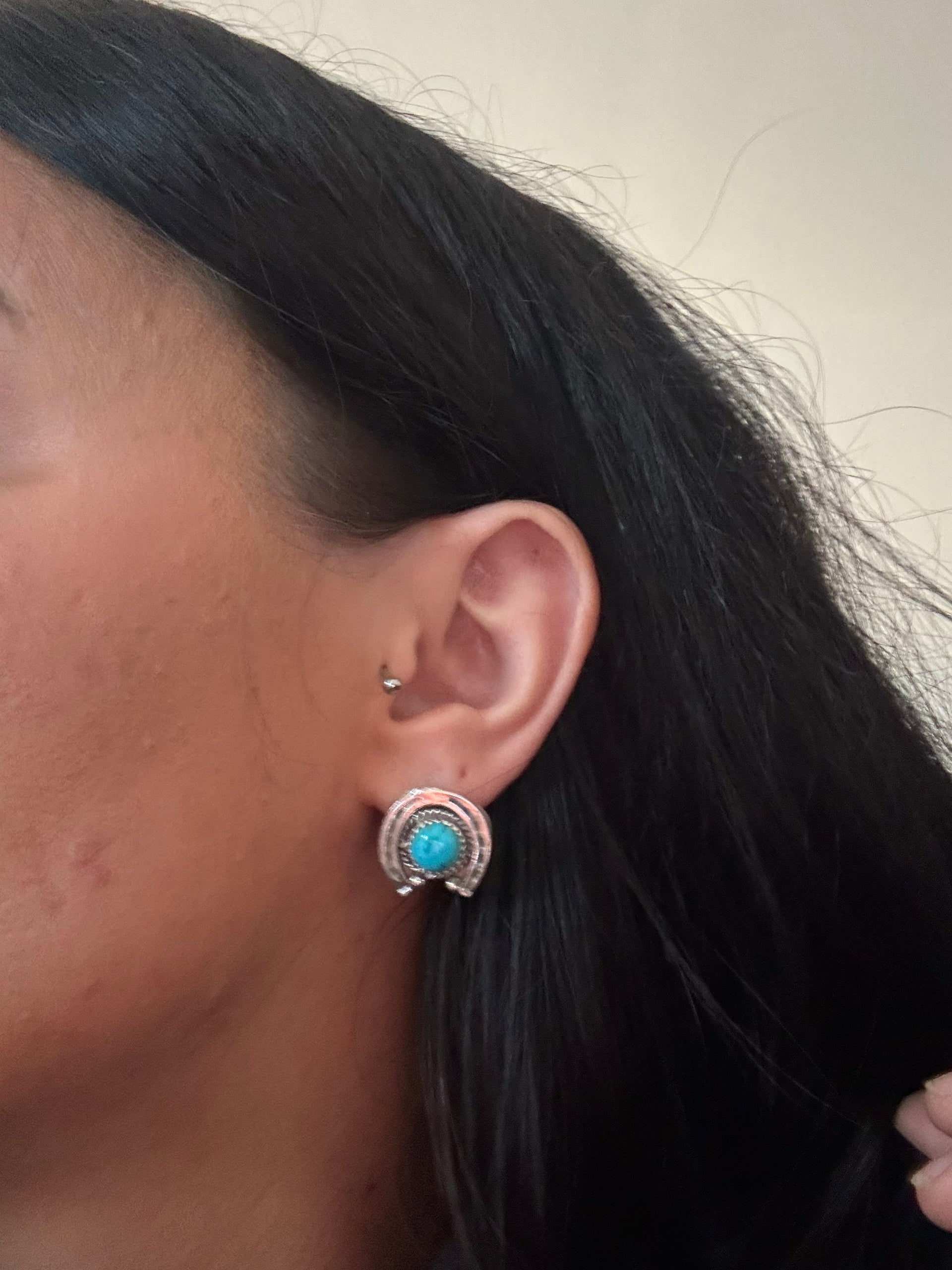 Annette Chiquito Kingman Turquoise & Sterling Silver Horse Shoe Post Earrings