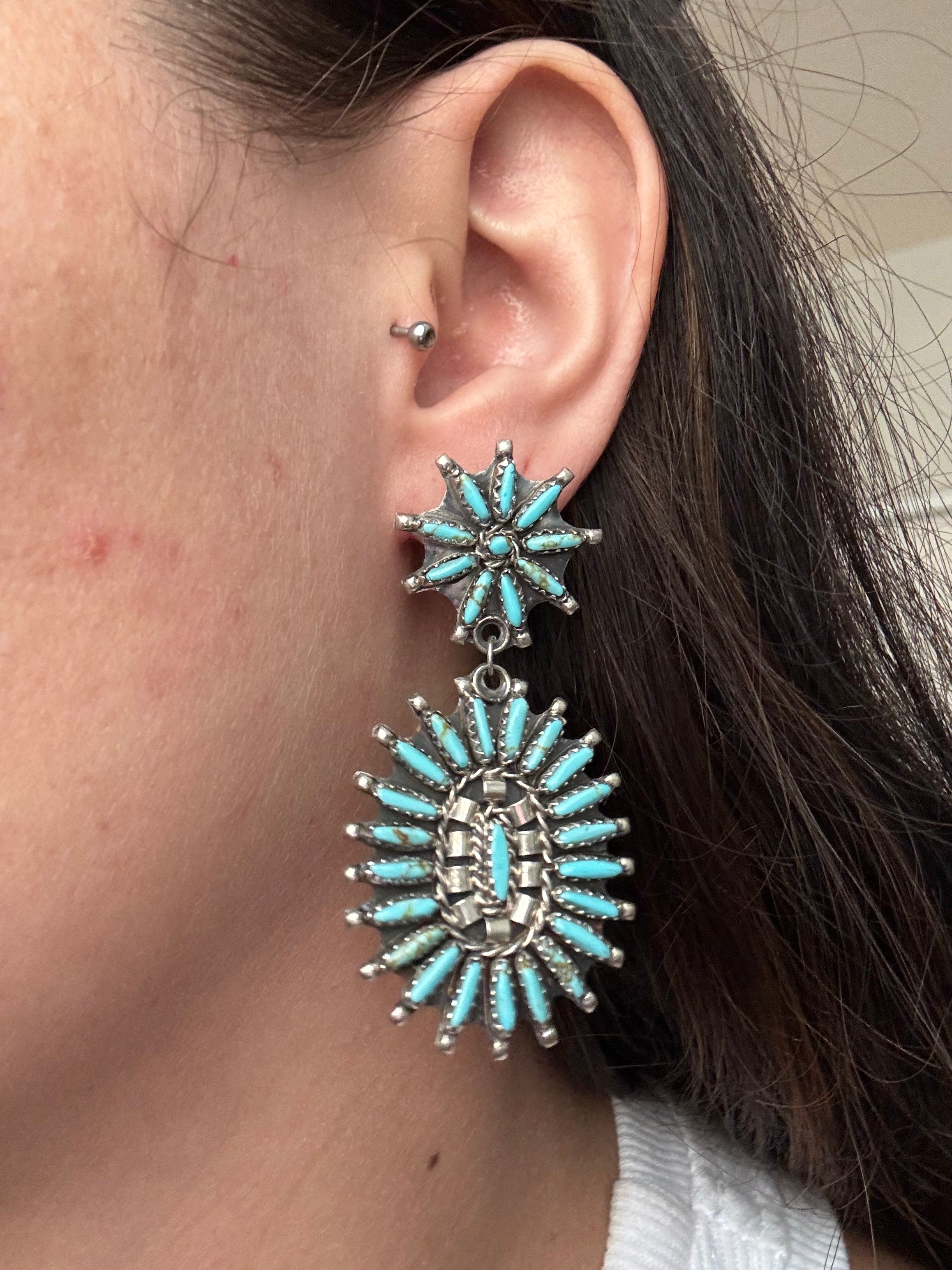 Leander Nez Kingman Turquoise & Sterling Silver Needlepoint Post Dangle Earrings