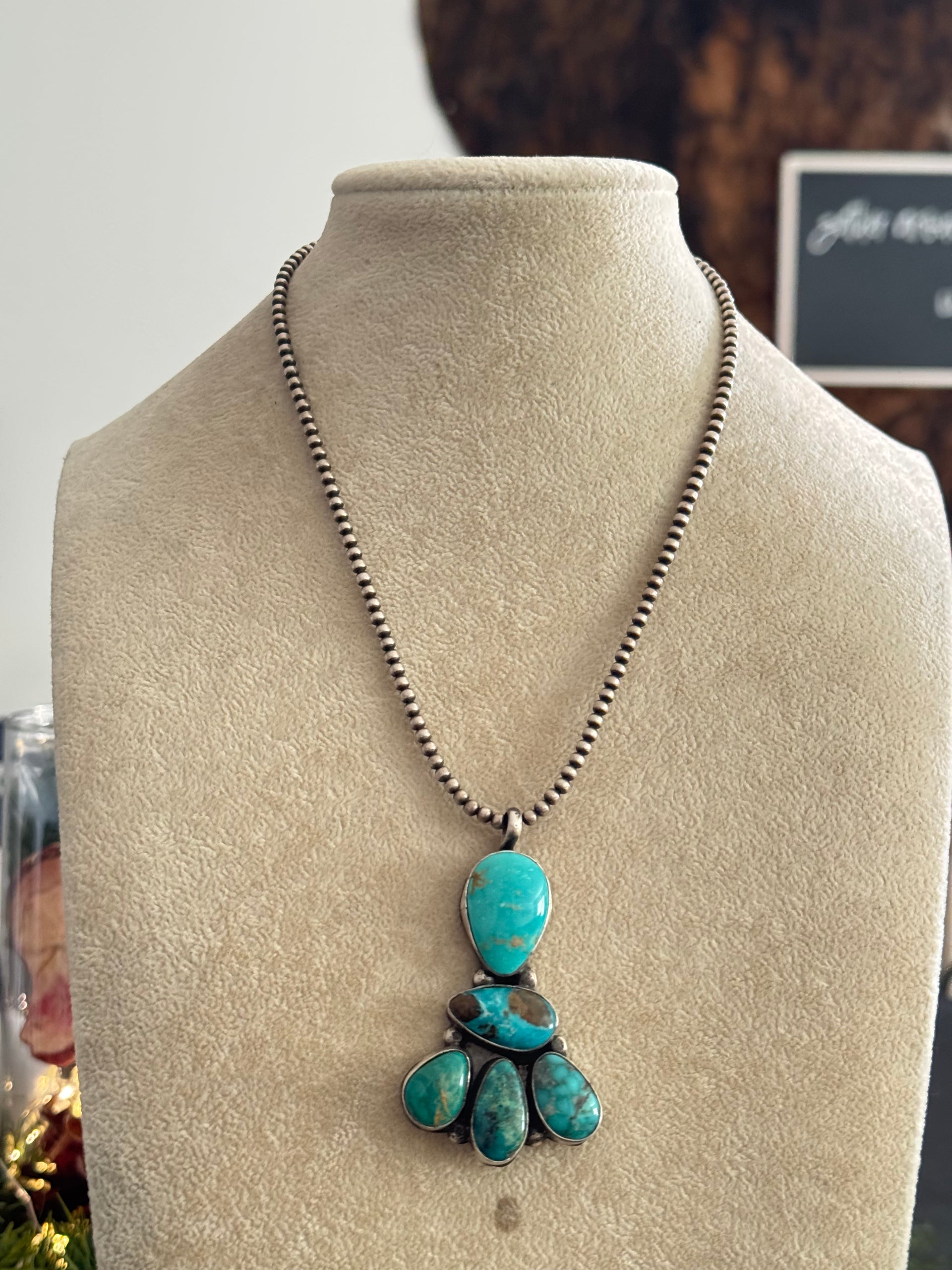 Navajo Made Kingman Turquoise & Sterling Silver Cluster Pendant