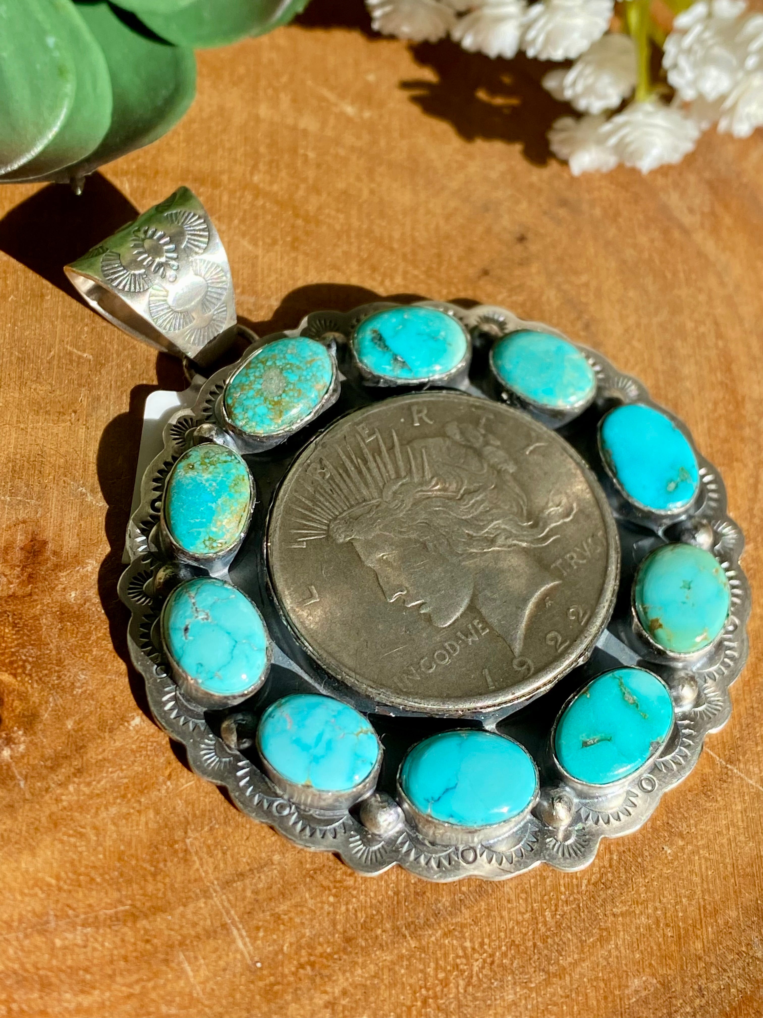 Navajo Made Kingman Turquoise & Sterling Silver 1922 Silver Dollar PENDANT ONLY