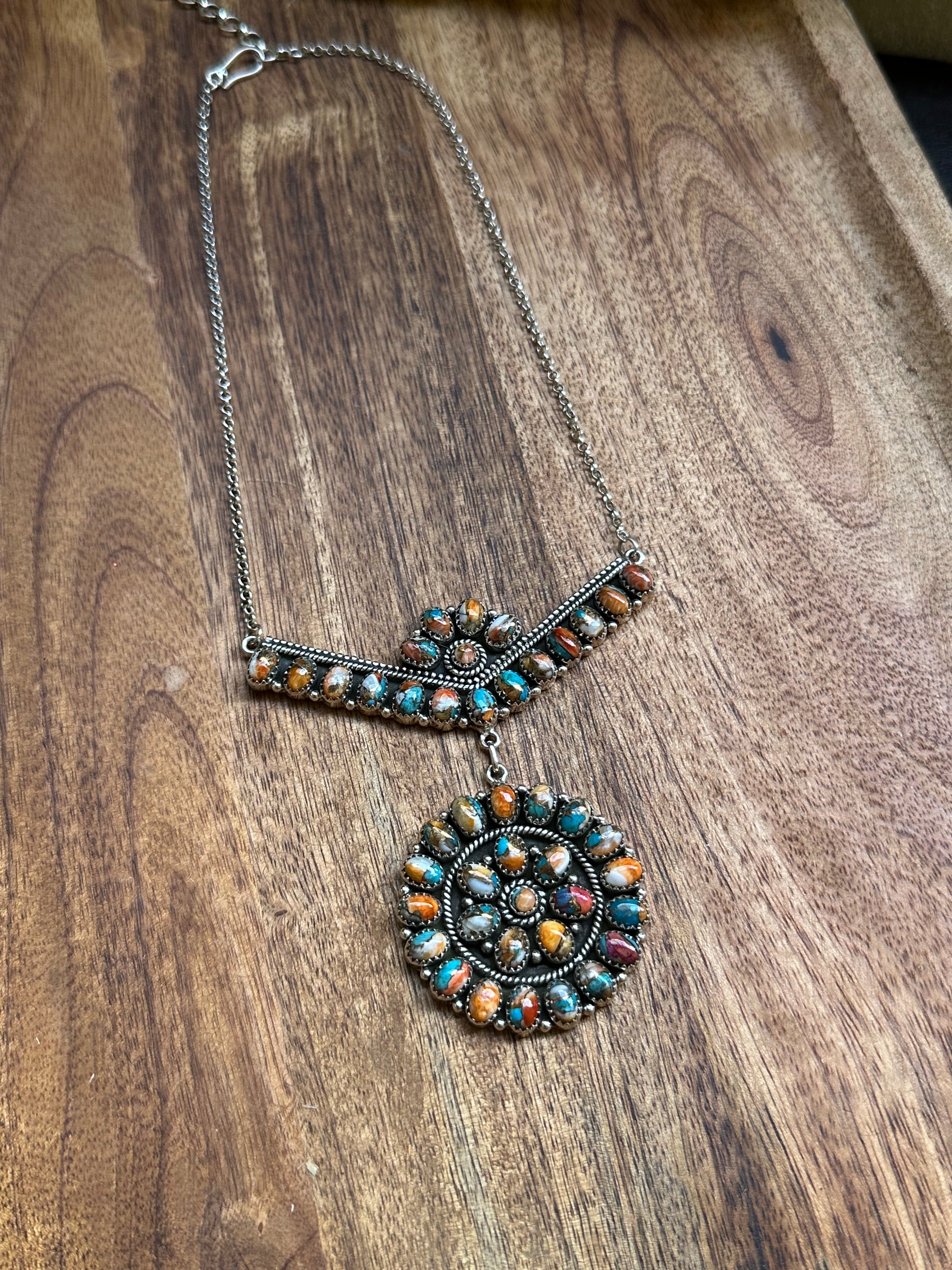 Southwest Handmade Mohave Turquoise & Sterling Silver Cluster Necklace