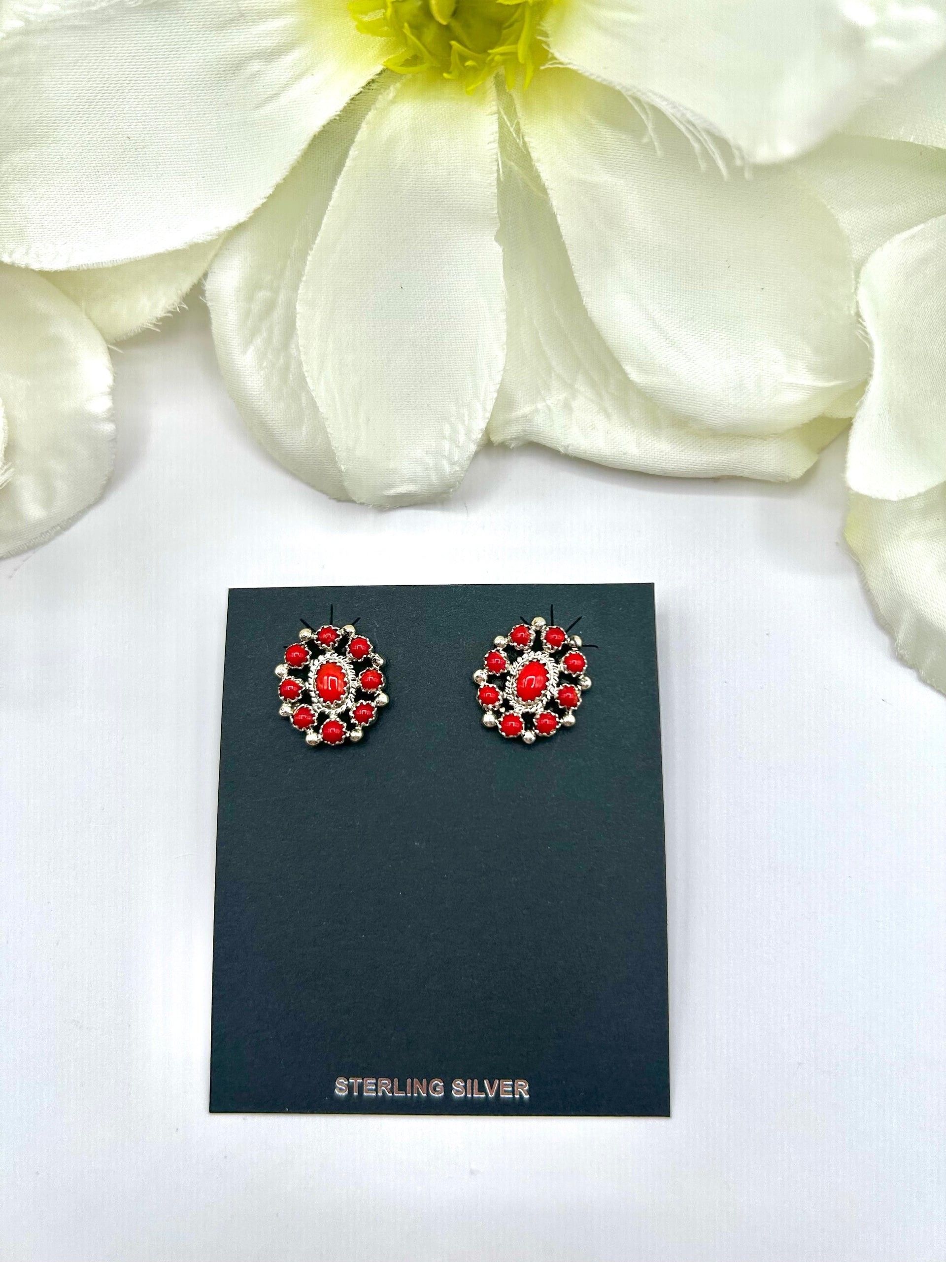 Navajo Made Red Coral & Sterling Silver Post  Earrings
