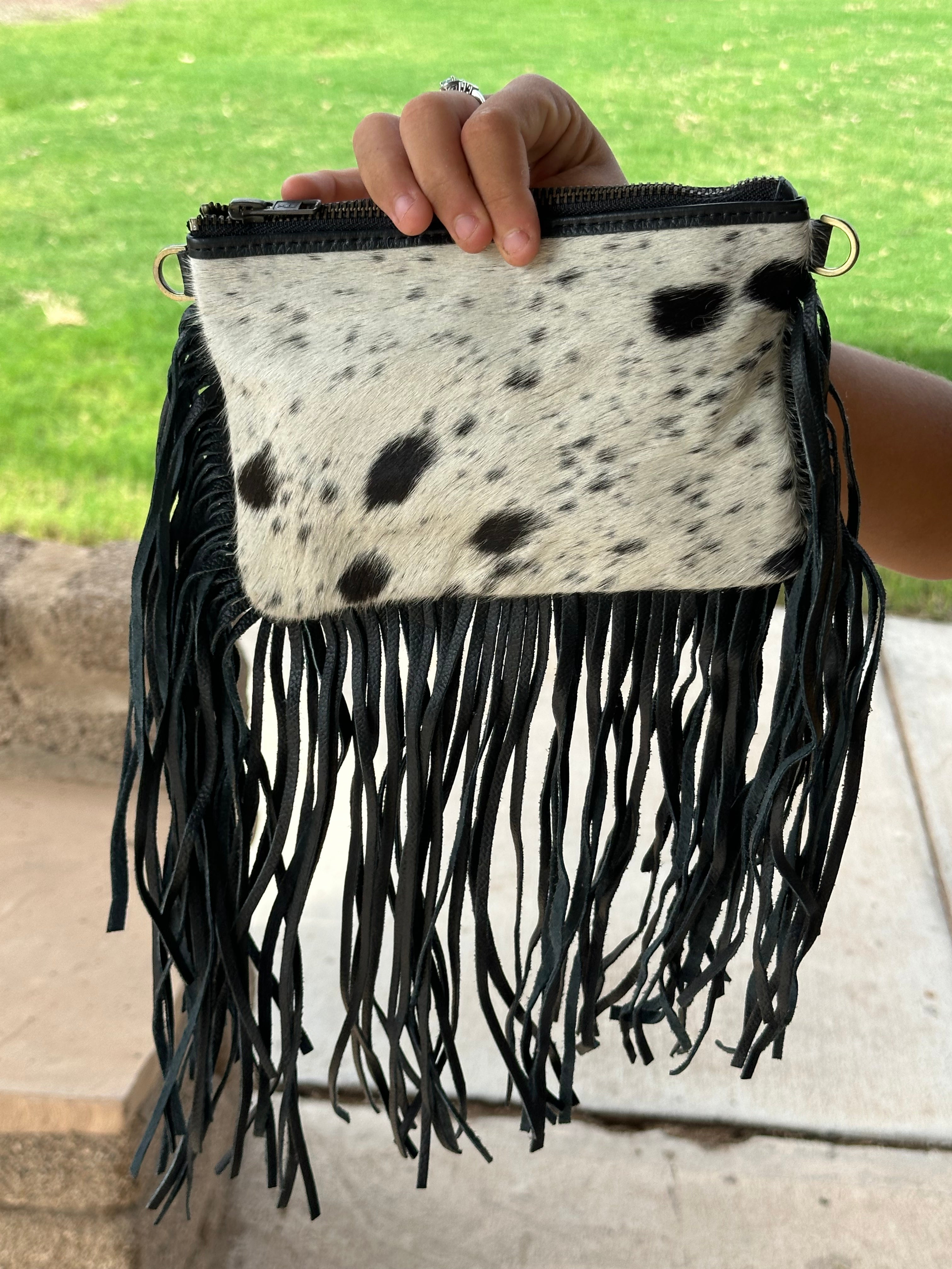 Genuine Leather Cowhide Tooled Cross Body Fringe Purse