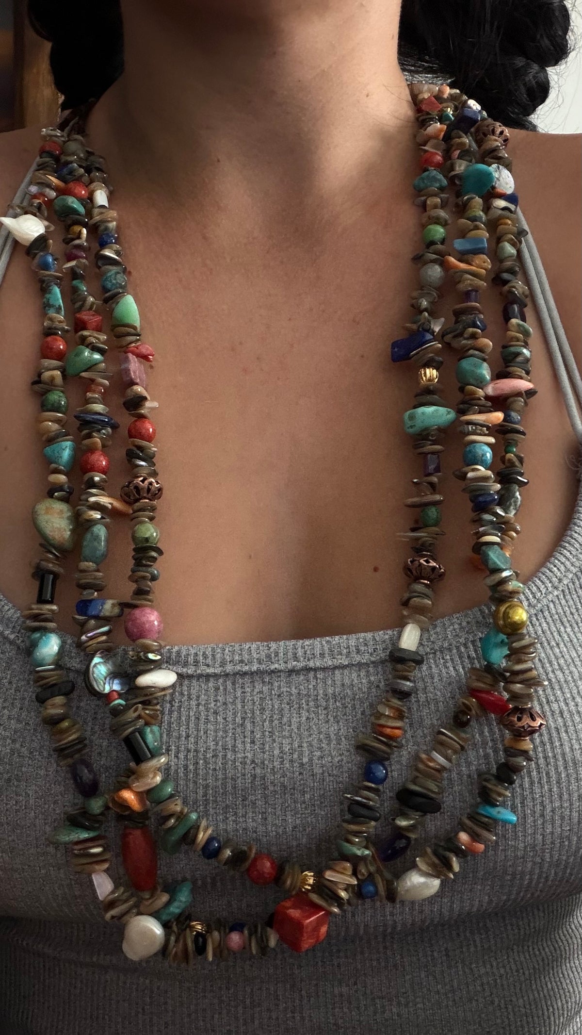 Navajo Strung Multi Stone & Sterling Silver Beaded 3 Strand Necklace