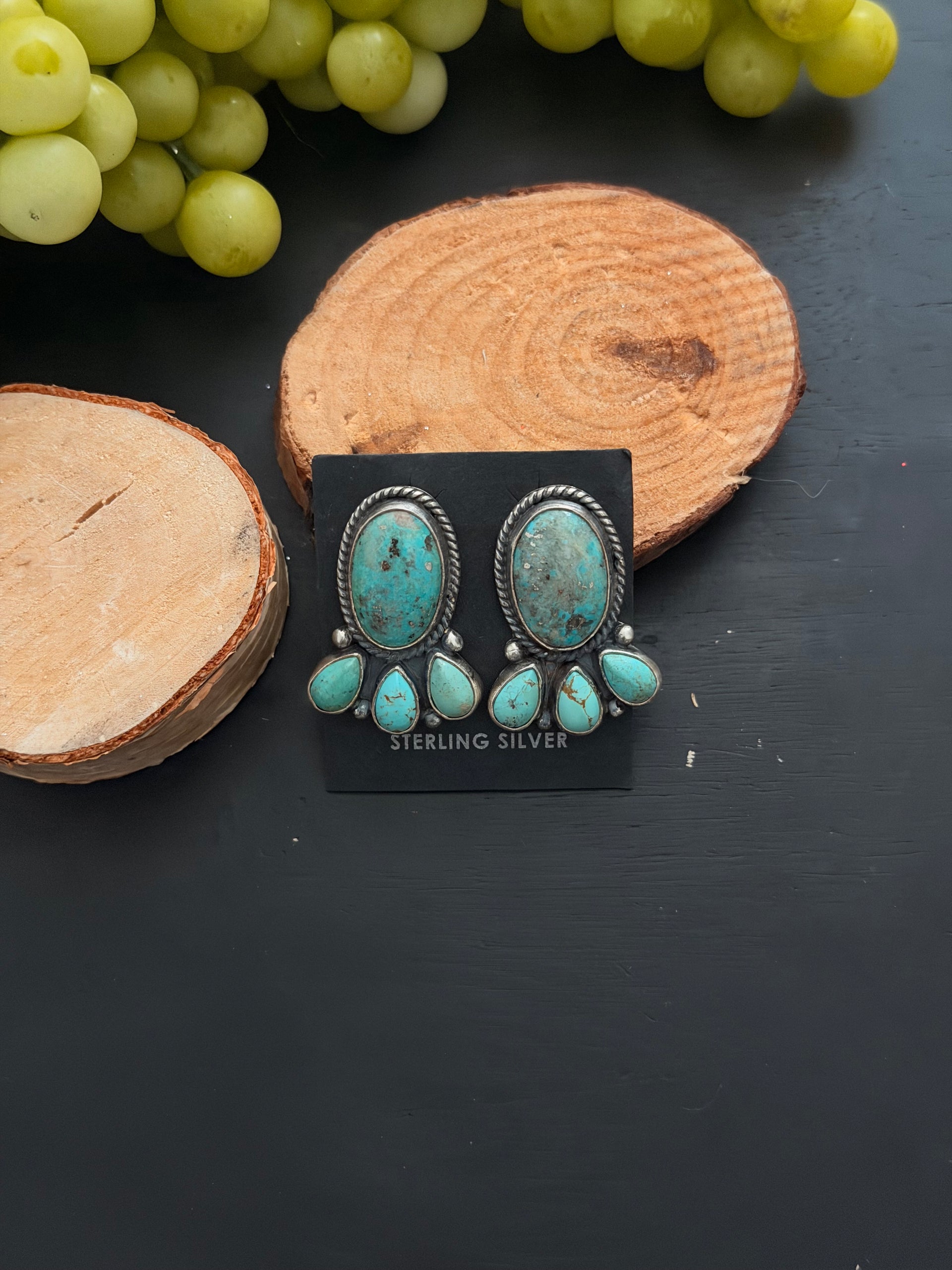 Navajo Made Kingman Turquoise & Sterling Silver Post Dangle Cluster Earring