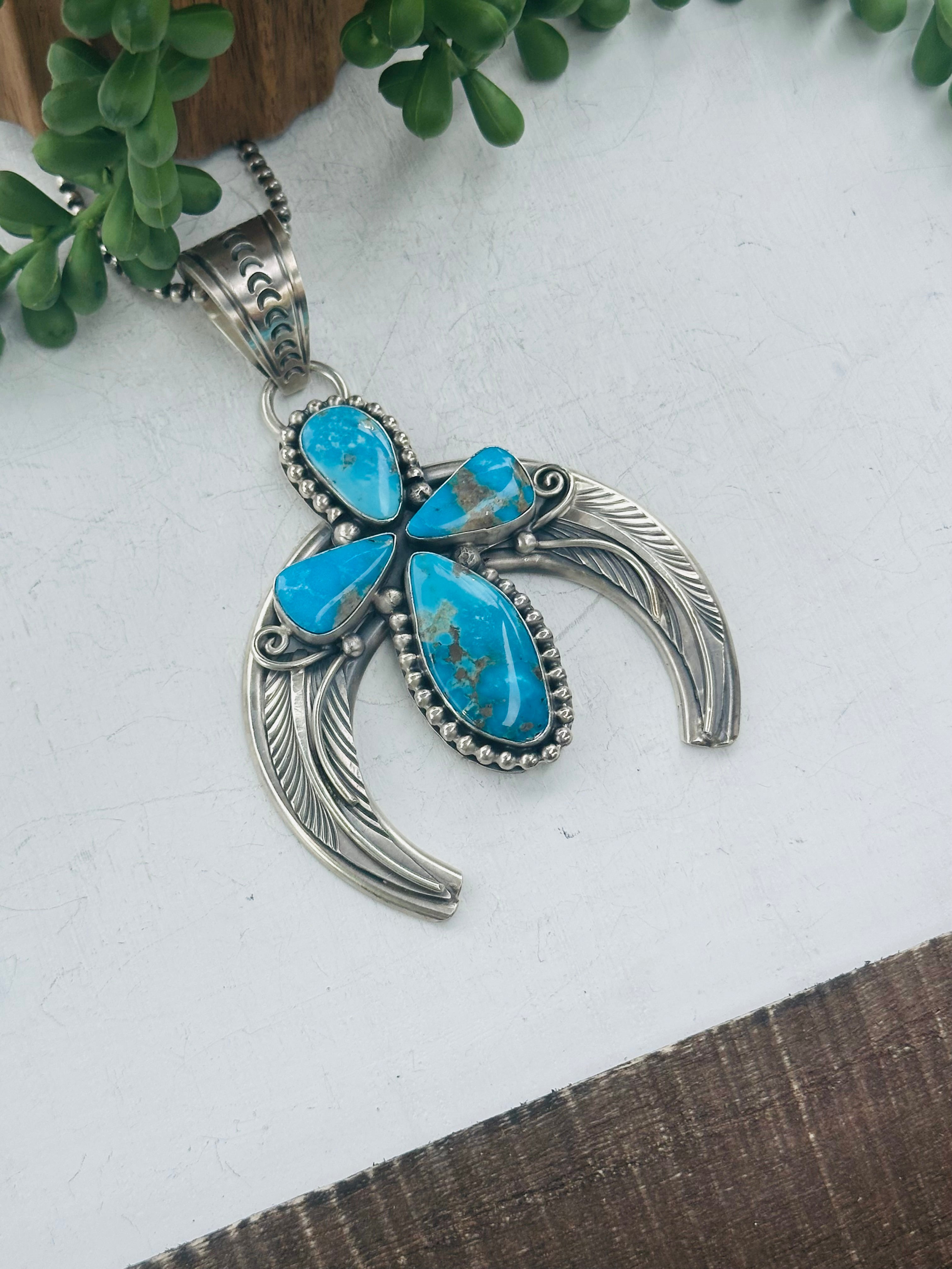 Navajo Made Kingman Turquoise & Sterling Silver Naja Pendant