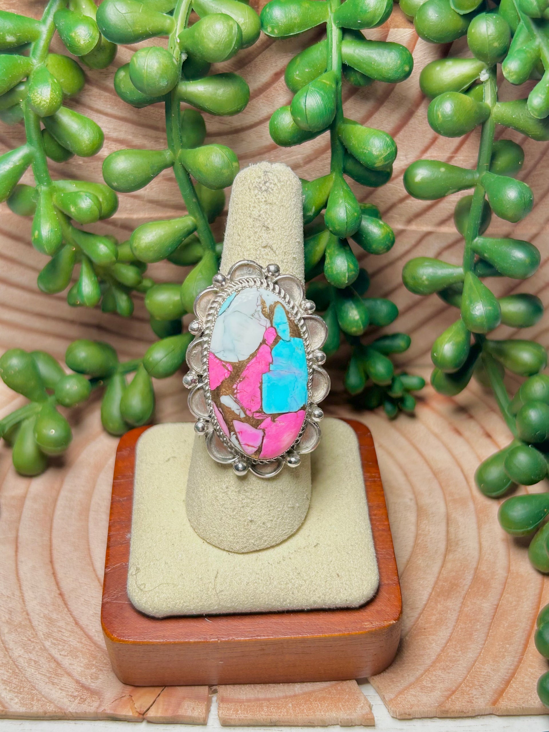 Navajo Made Cotton Candy Dahlia & Sterling Sliver Ring Size 8.25
