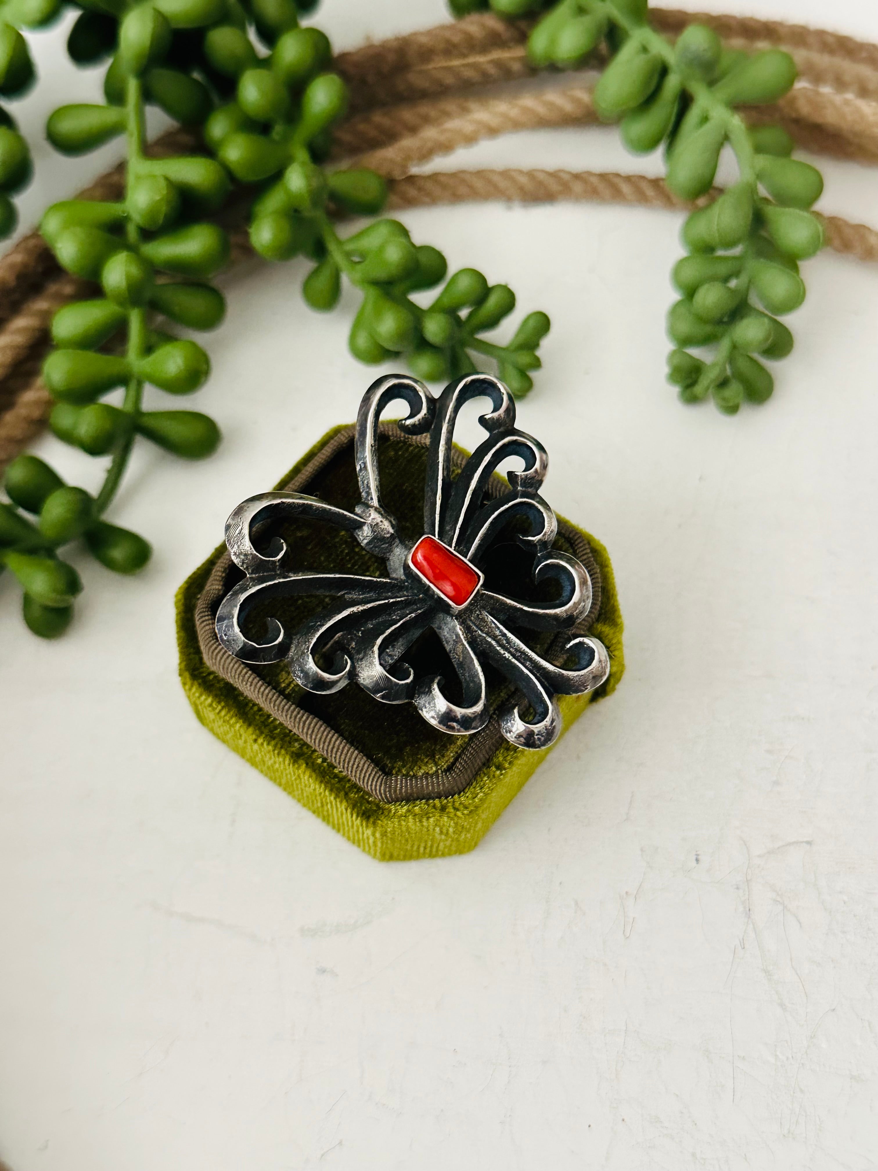 Navajo Made Coral & Sterling Silver Butterfly Ring