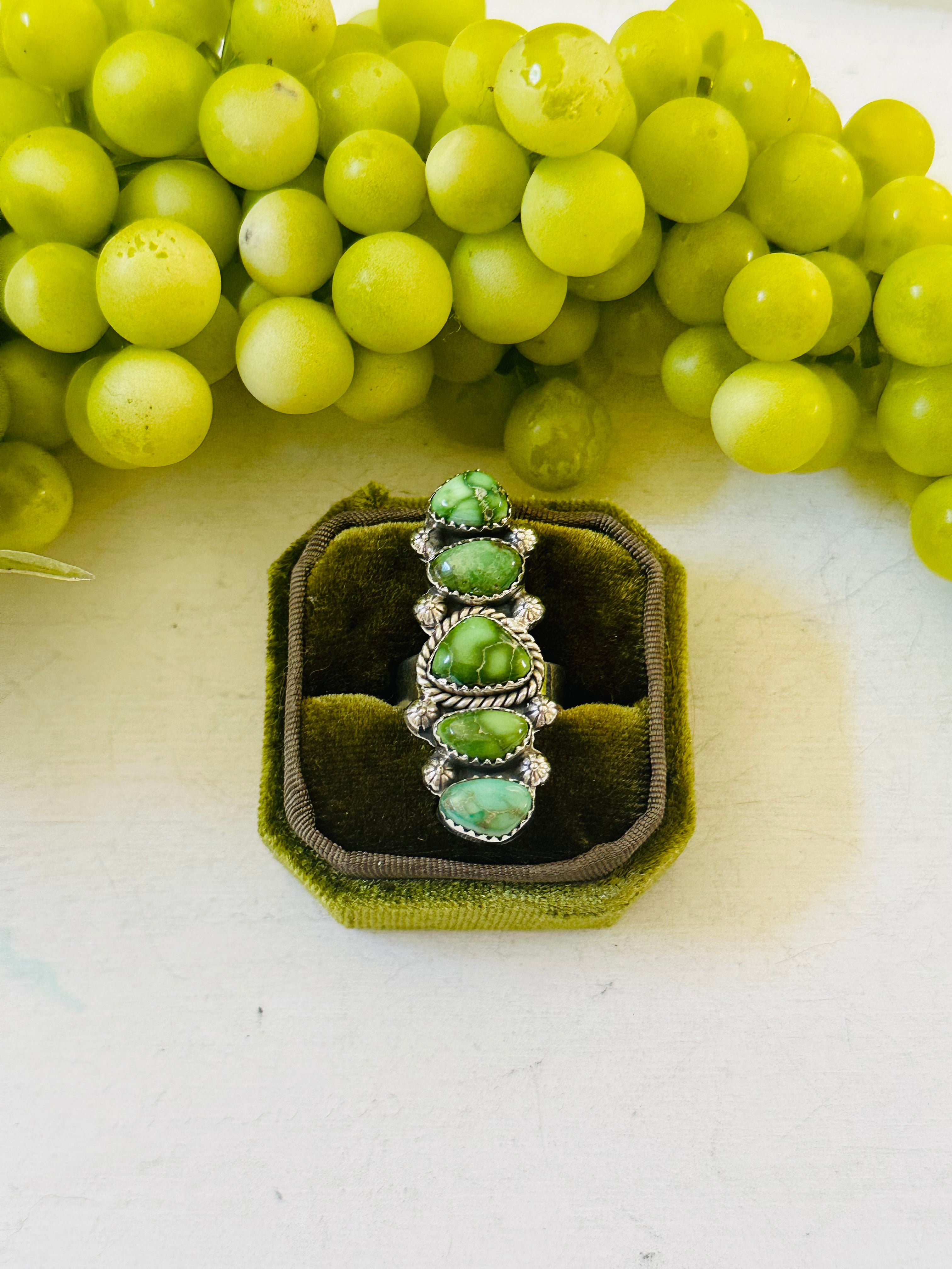 Southwest Handmade Emerald Valley Turquoise & Sterling Silver Adjustable Cluster Ring