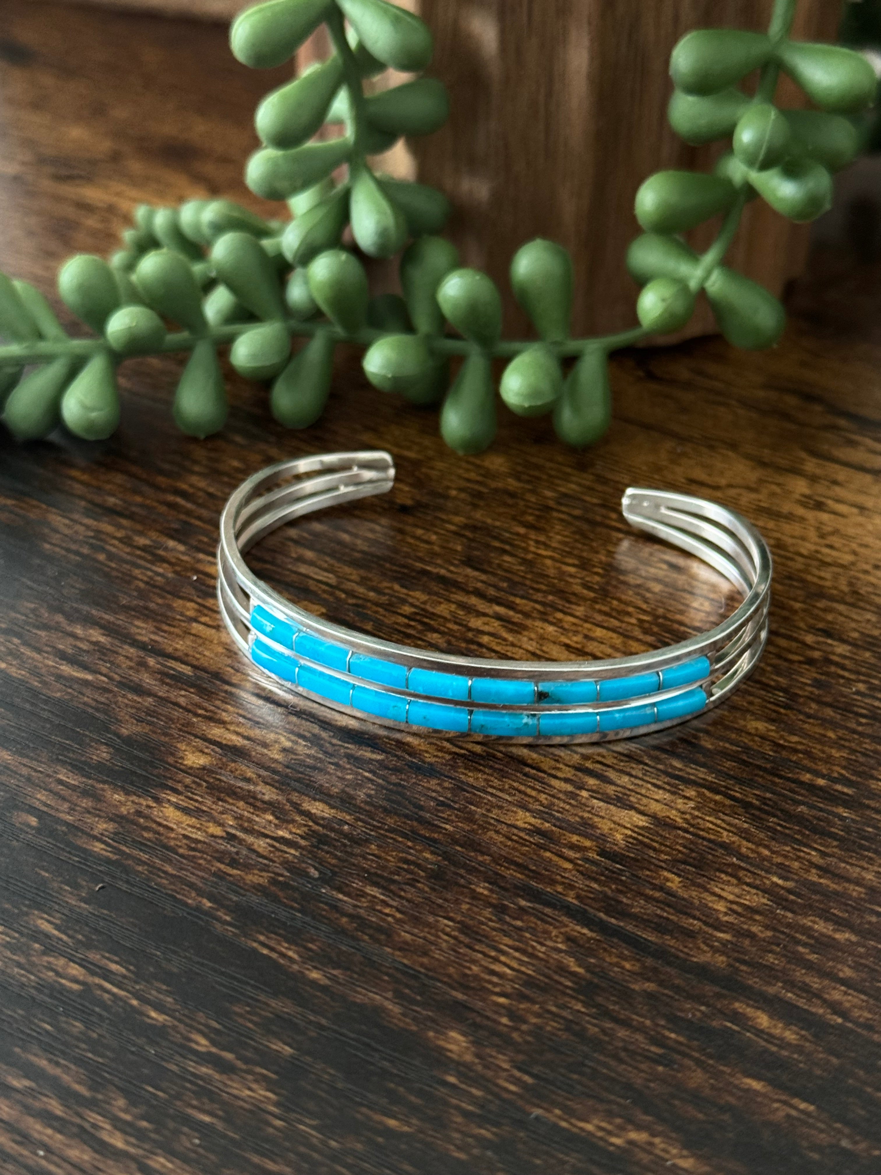 Navajo Made Kingman Turquoise & Sterling Silver Inlay Cuff Bracelet