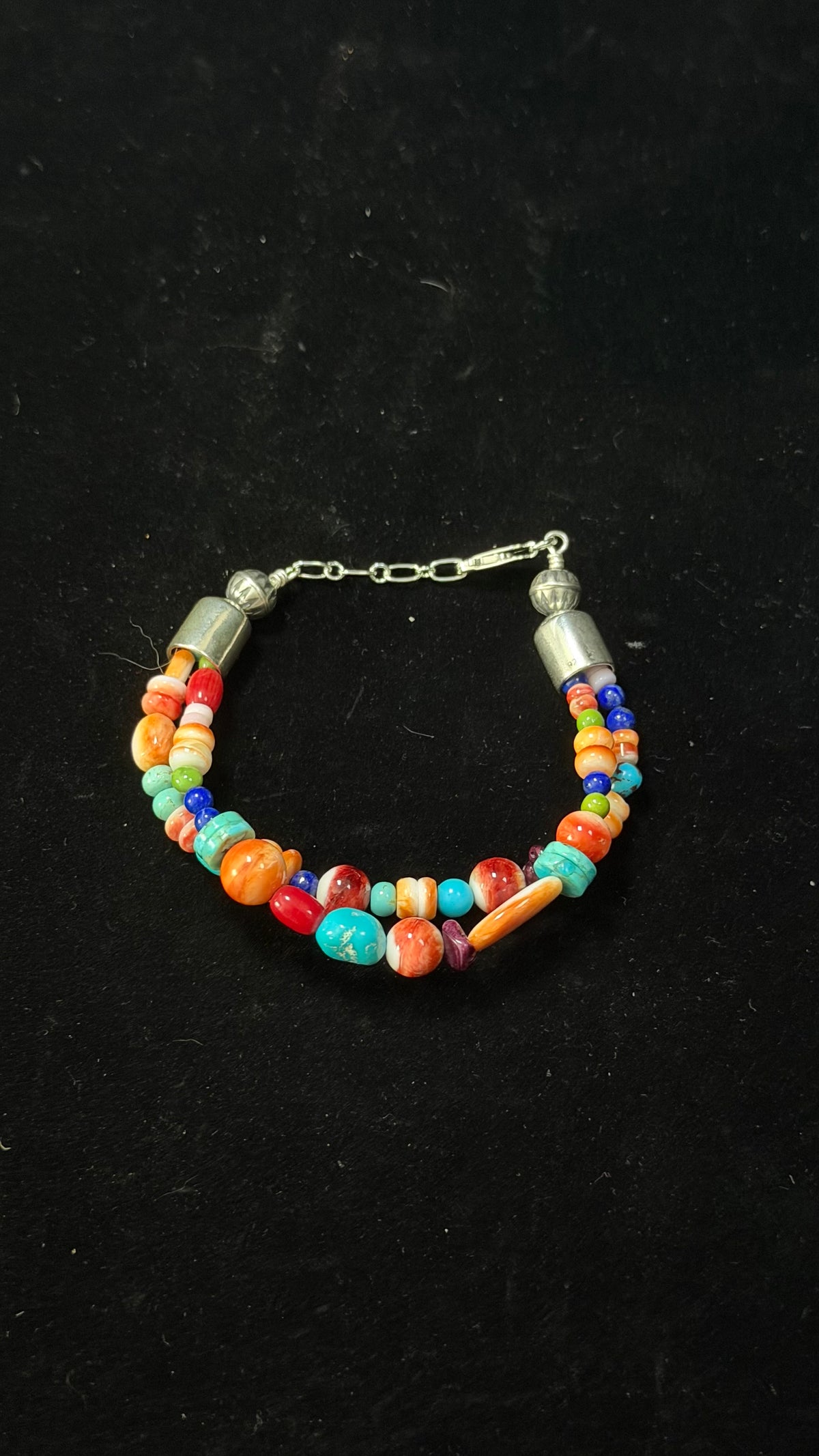 Navajo Strung Multi Stone & Sterling Silver Beaded Double Strand Bracelet