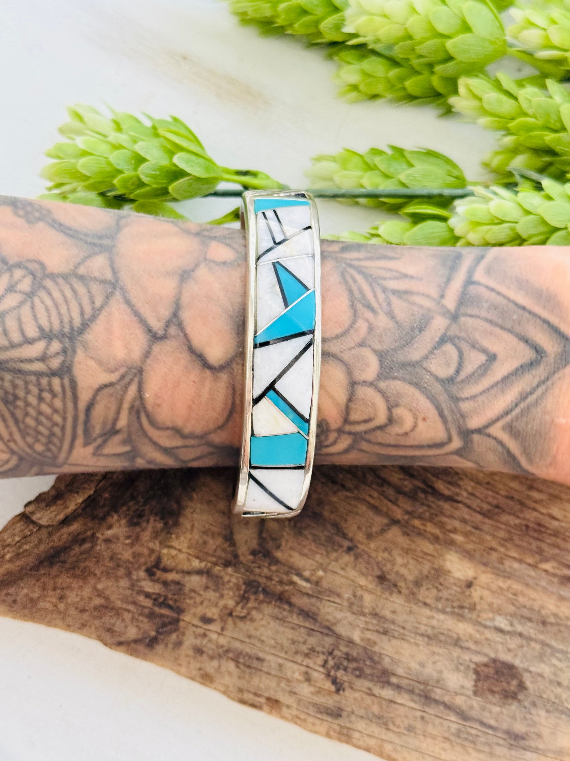 Navajo Made Multi Stone & Sterling Silver Inlay Cuff Bracelet