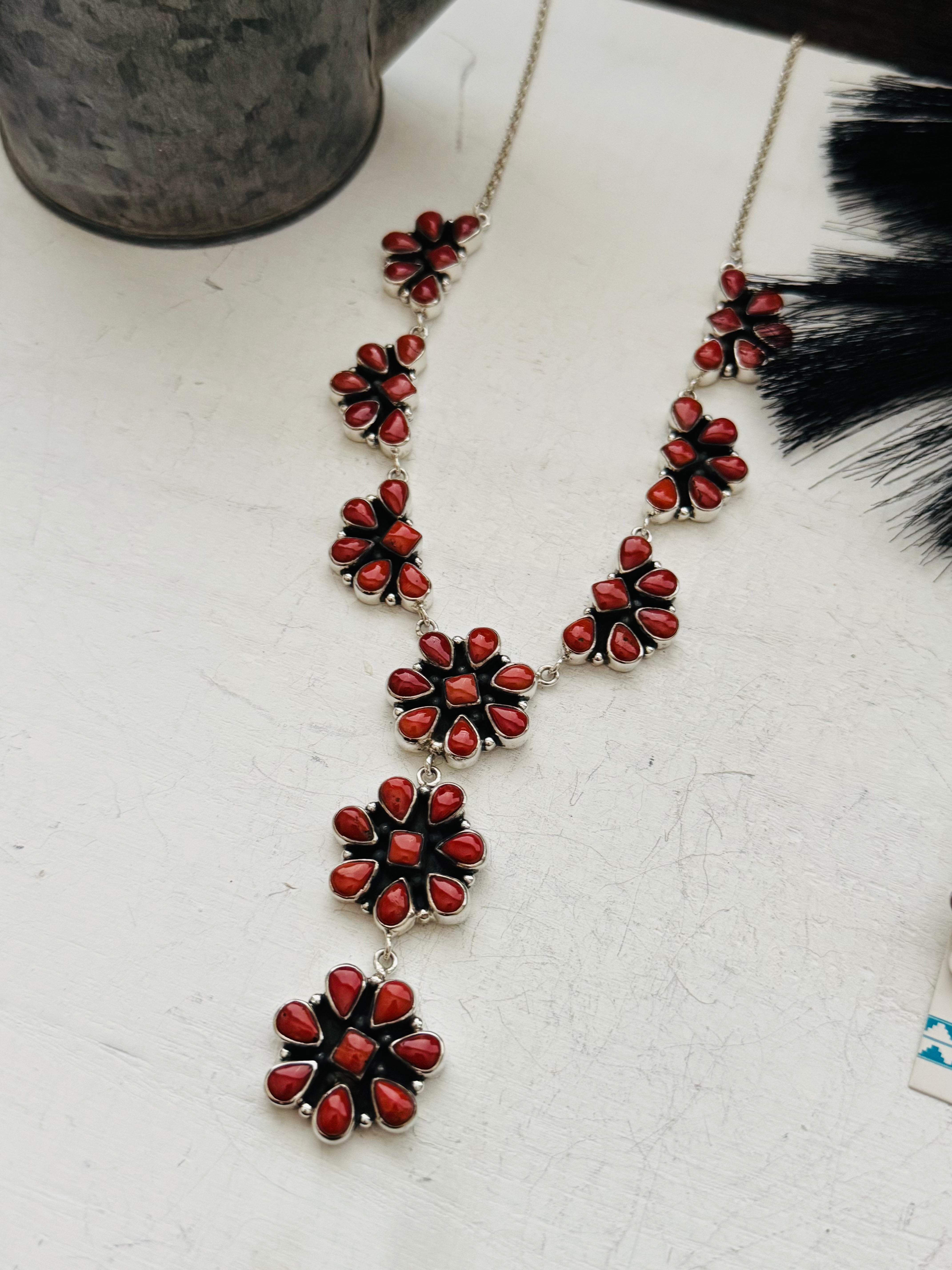 Southwest Handmade Coral & Sterling Silver Cluster Lariat Necklace Set