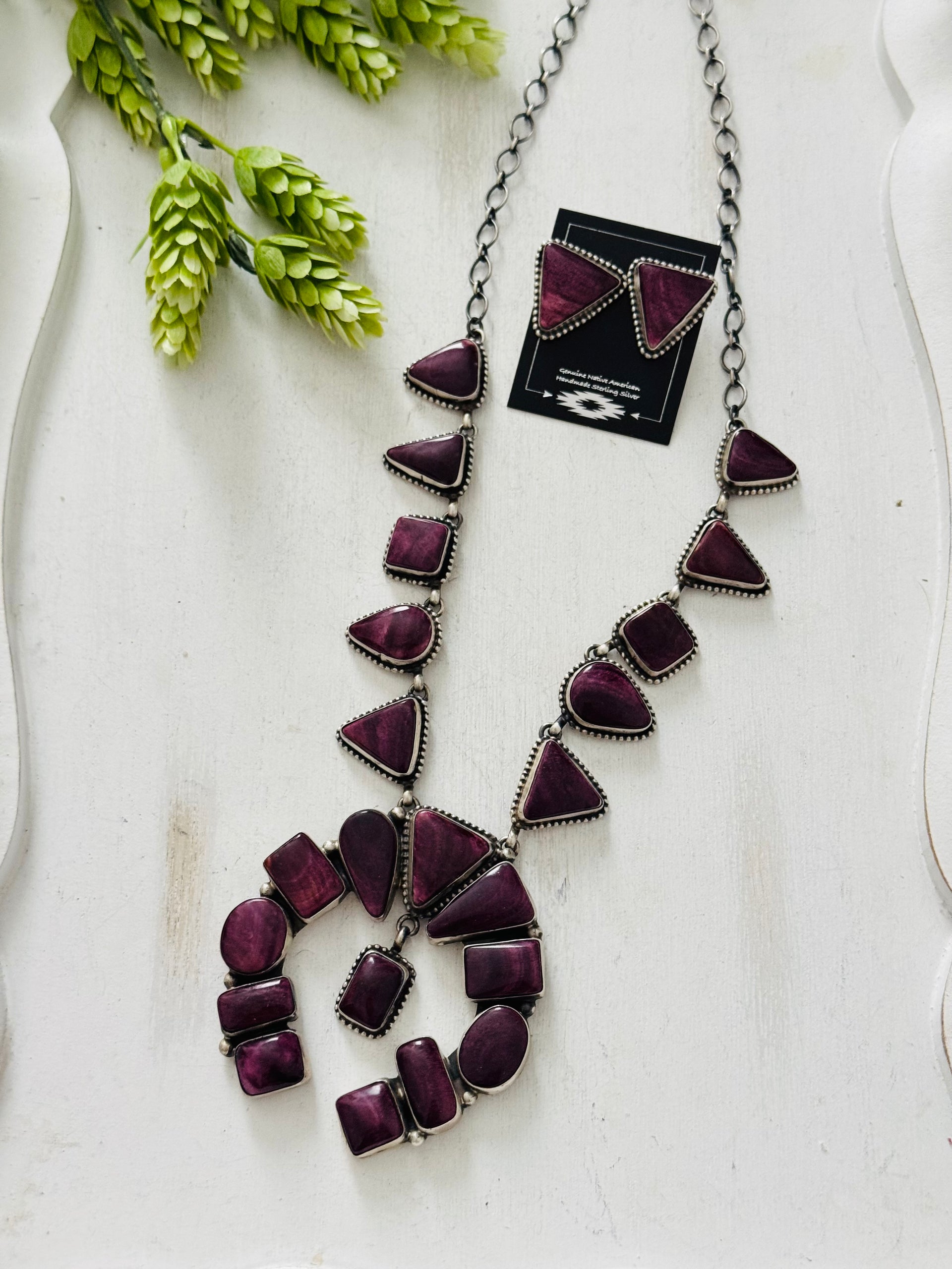 Navajo Made Purple Spiny Oyster & Sterling Silver Cluster Necklace Set