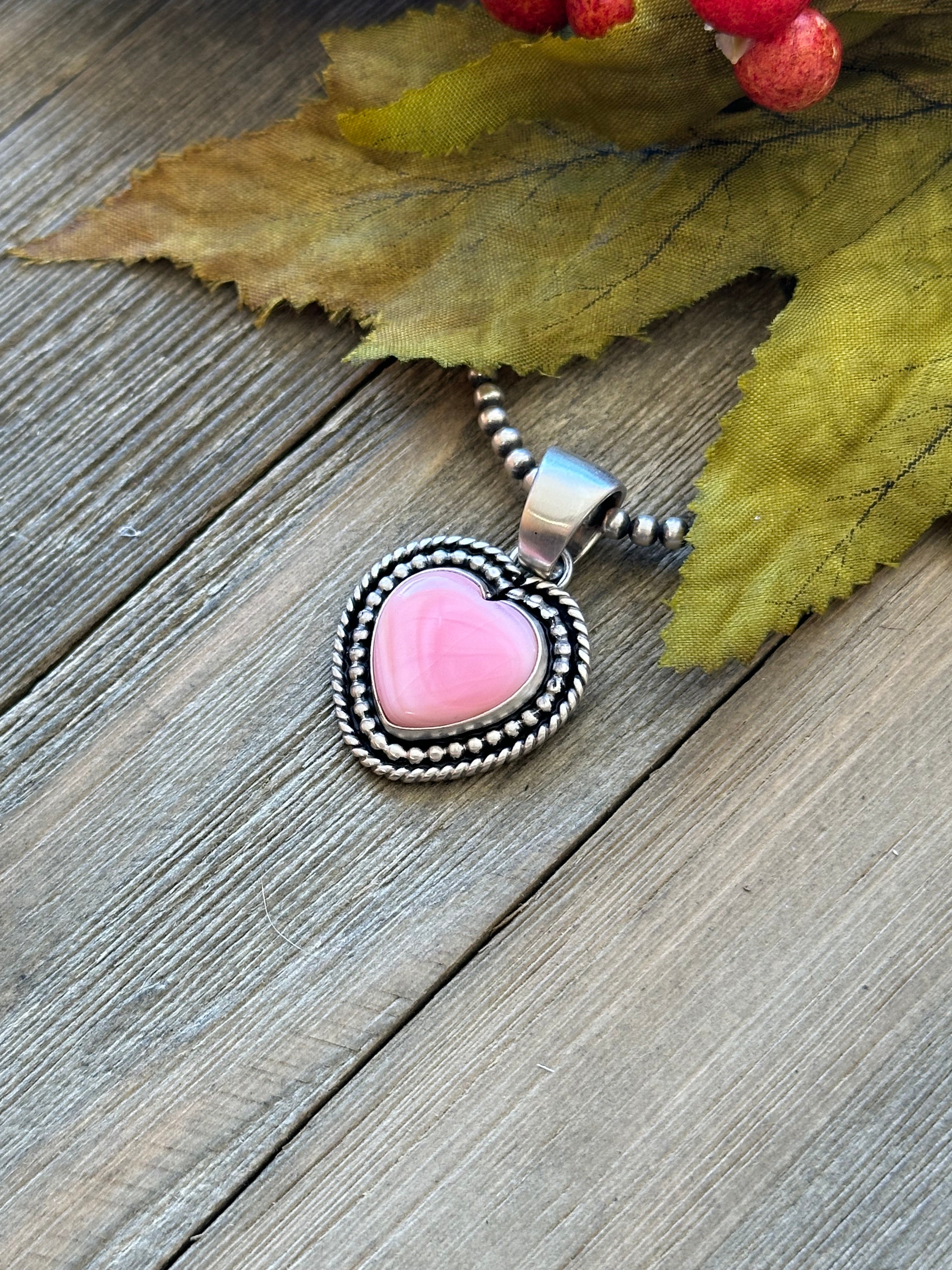 Navajo Made Pink Conch & Sterling Silver Heart Pendant