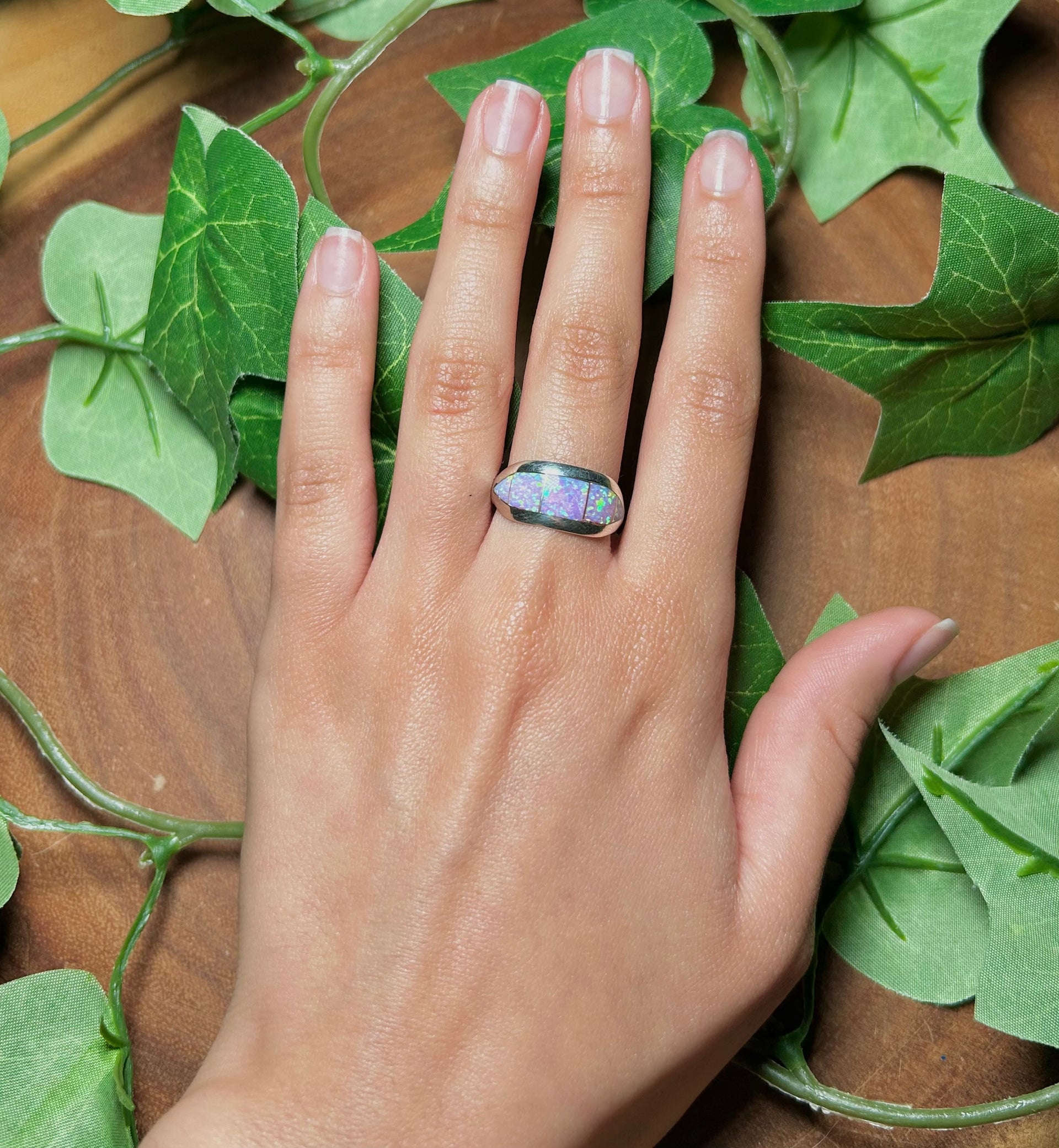 Navajo Made Opal & Sterling Sliver Inlay Ring Size 8.5