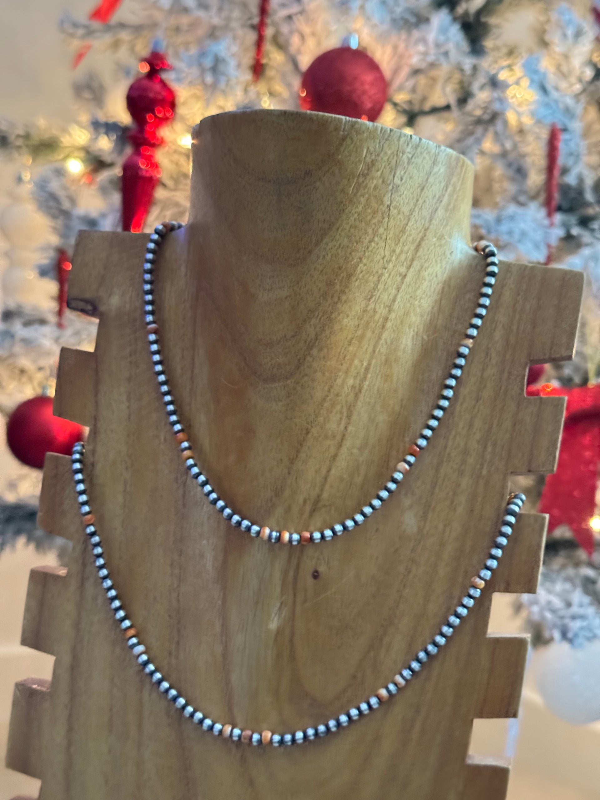 Navajo Strung Red/Orange Spiny Oyster & Sterling Silver Pearl Necklace