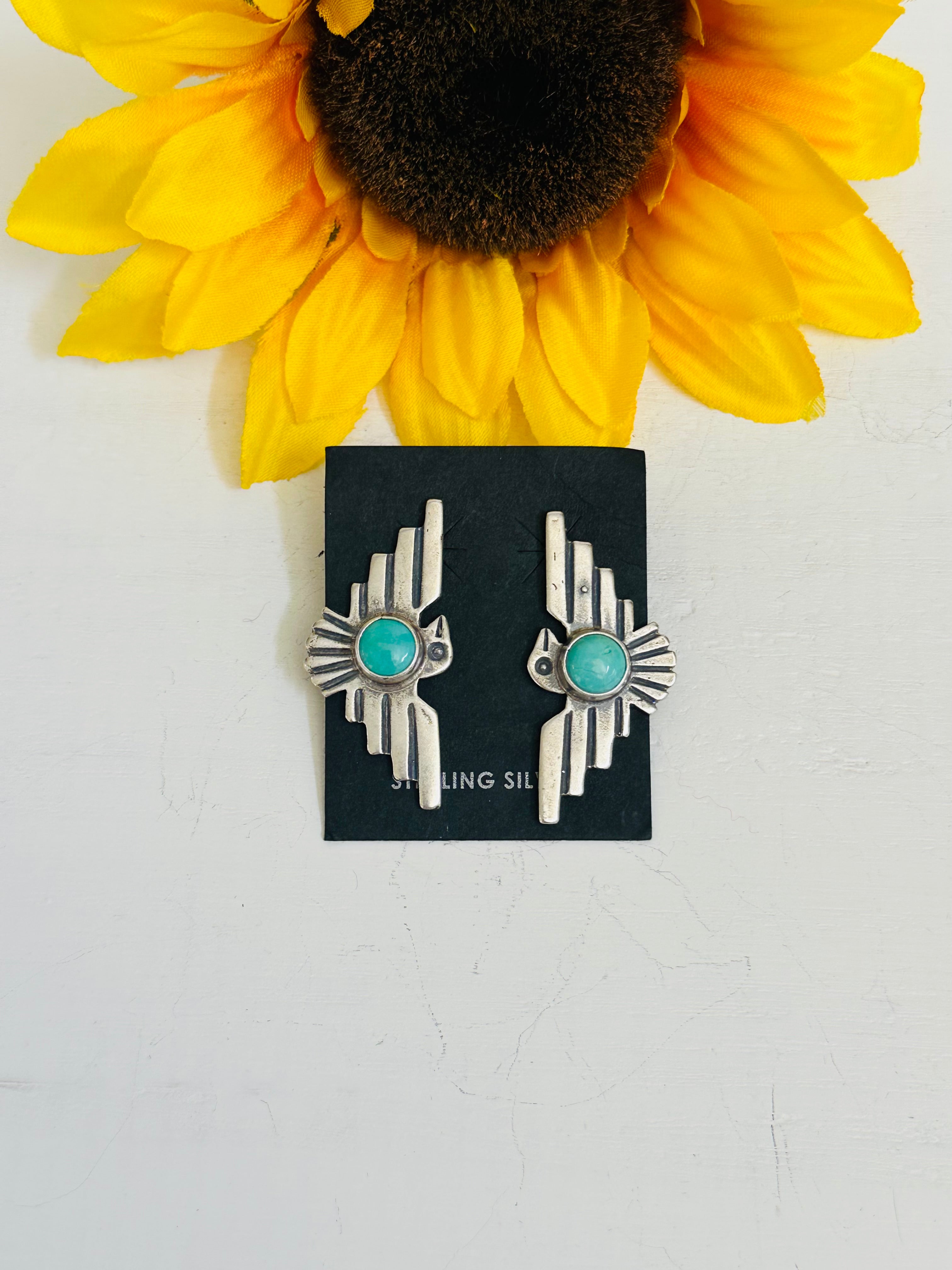 Navajo Handmade Kingman Turquoise & Sterling Silver Post Thunderbird Earrings