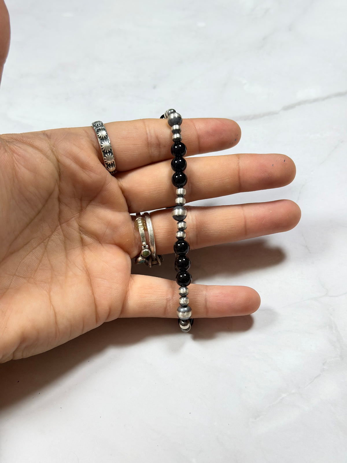Navajo Strung Onyx & Sterling Silver Machine Made Pearl Stretch Beaded Bracelet