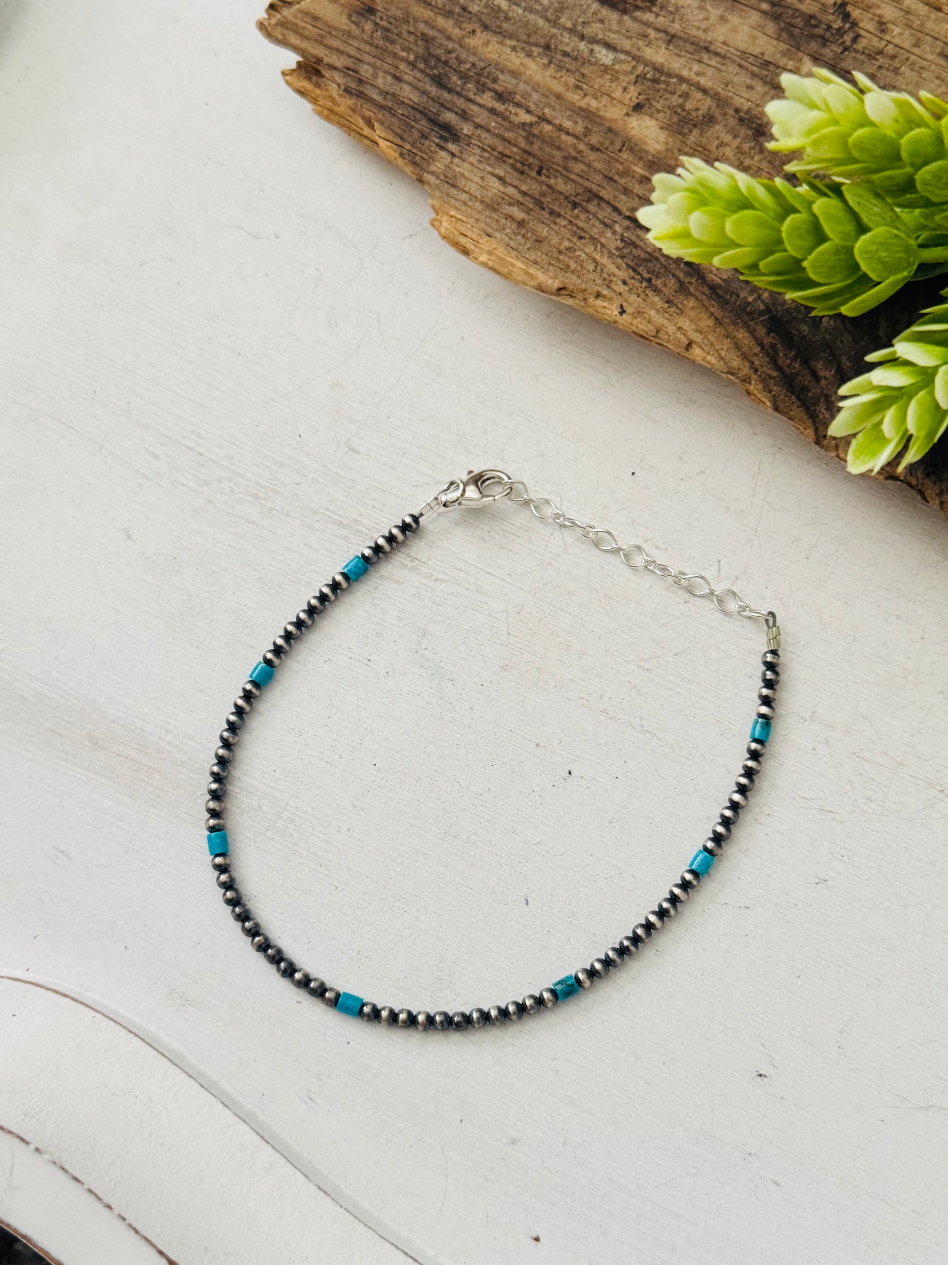 Navajo Made Kingman Turquoise & Sterling Silver Strung Anklet