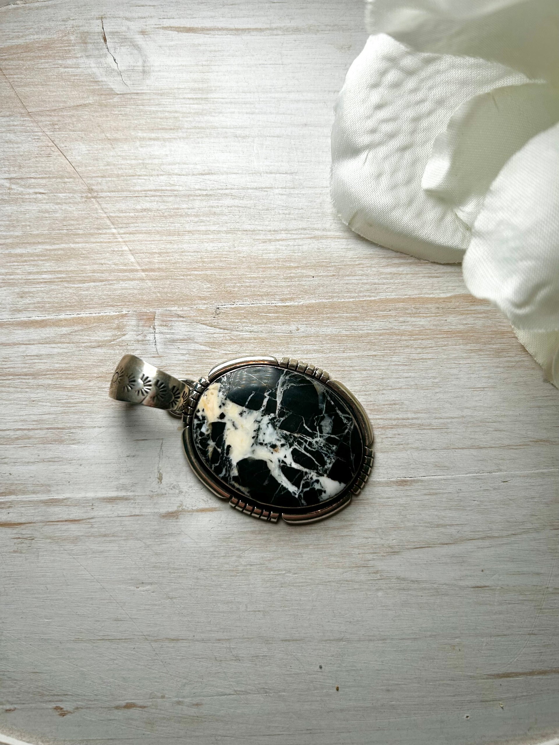 Navajo Made White Buffalo & Sterling Silver Pendant