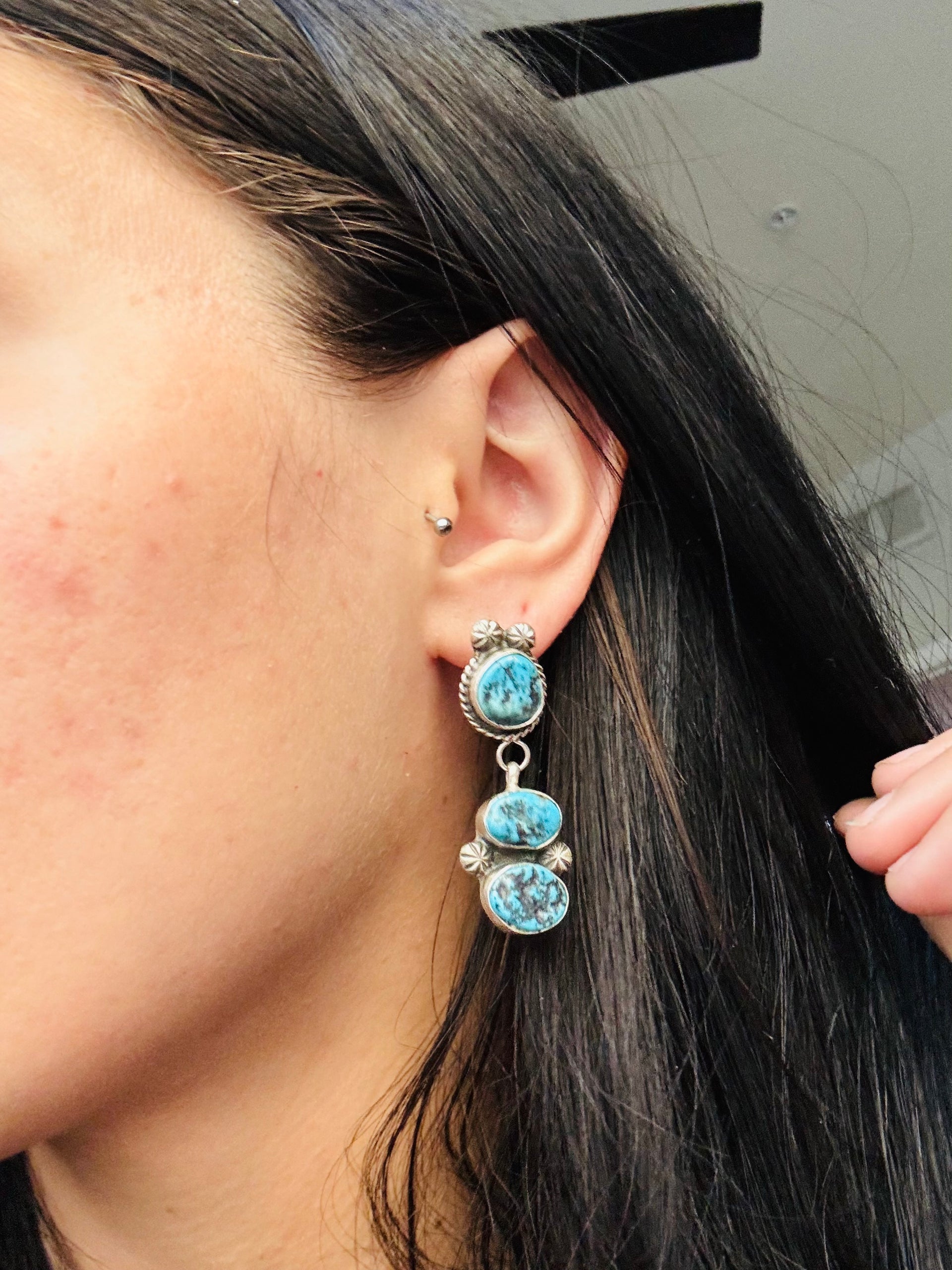 Donovan Nez Kingman Turquoise & Sterling Silver Post Dangle Earrings