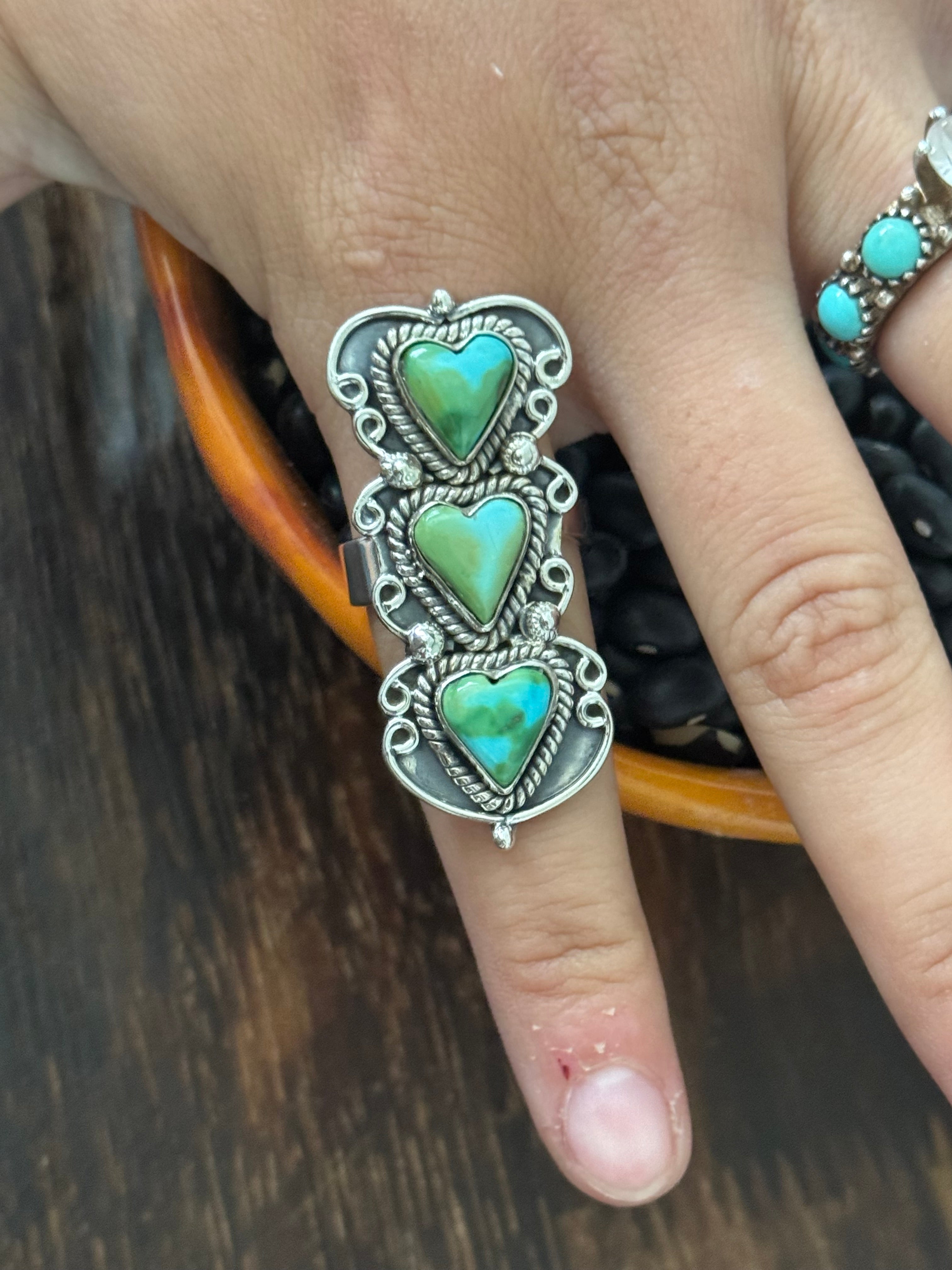 Southwest Handmade Sonoran Mountain Turquoise & Sterling Silver Adjustable 3 Stone Ring