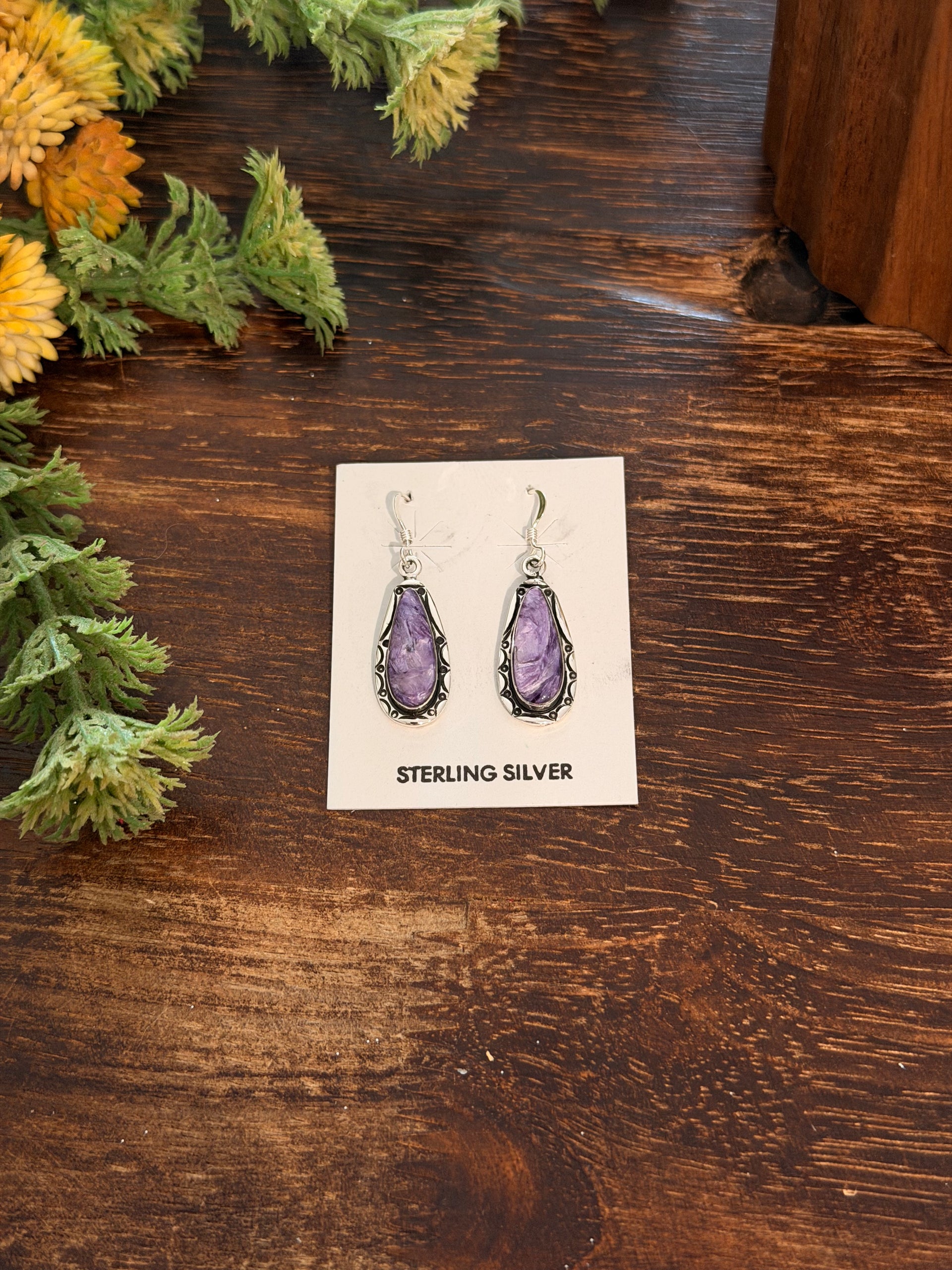 Navajo Made Charoite & Sterling Silver Dangle Earrings