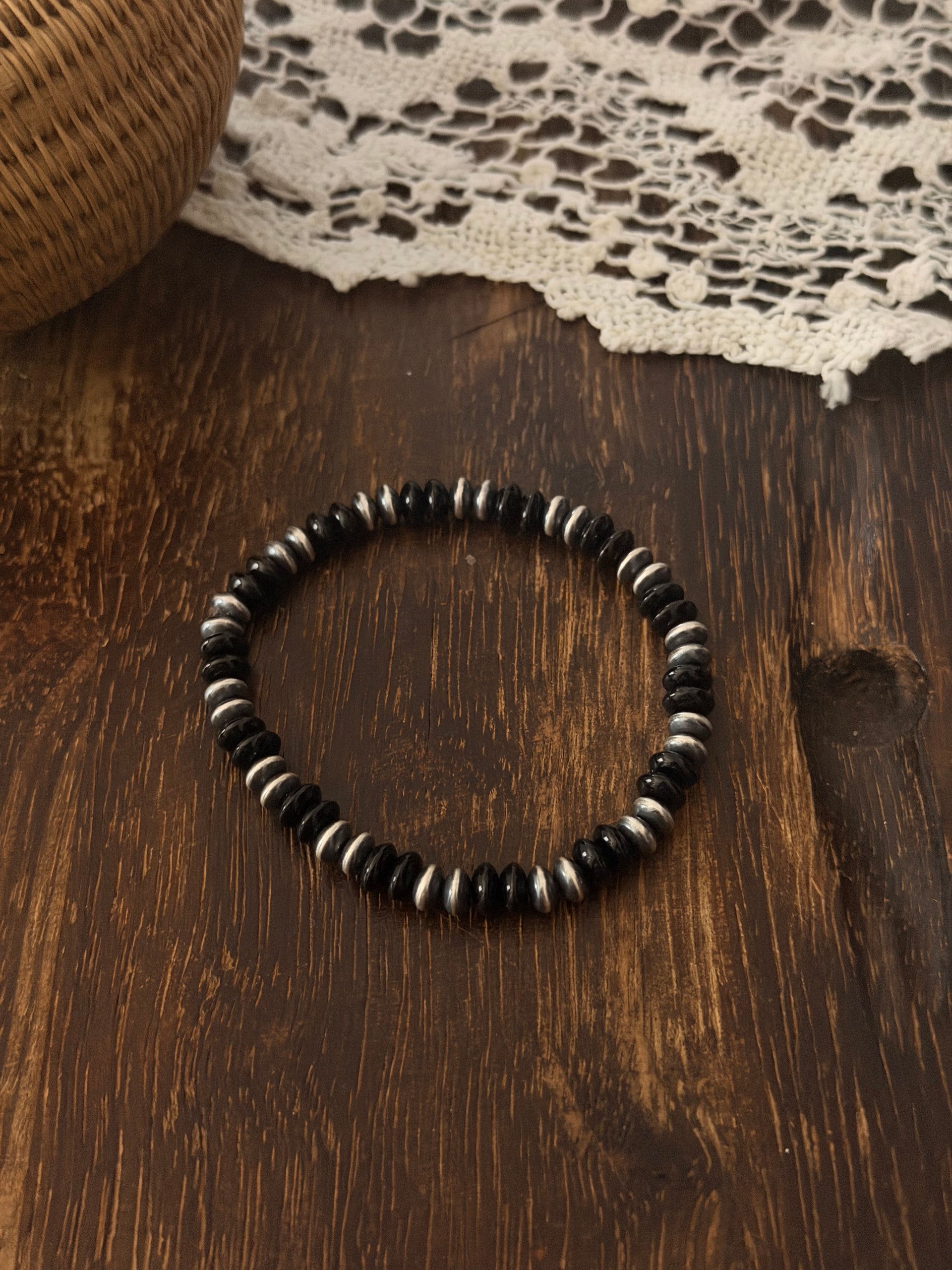 Navajo Strung Onyx & Sterling Silver Pearl Beaded Stretch Bracelet
