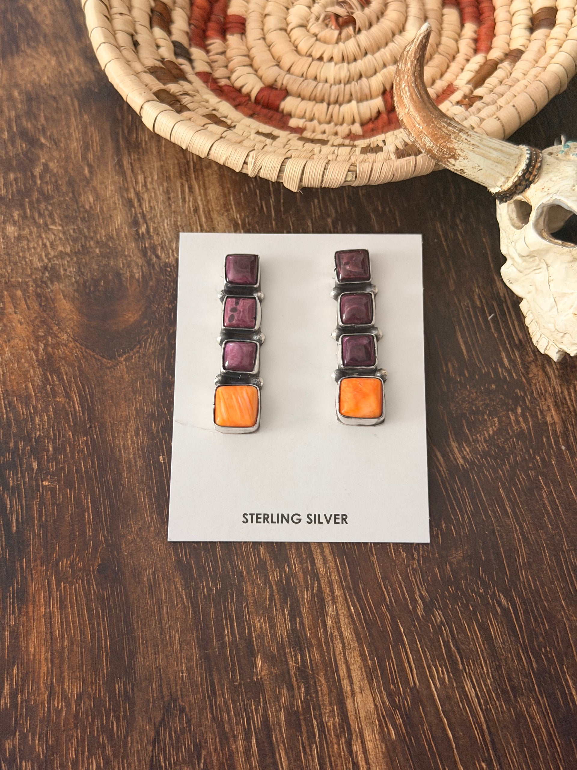 Navajo Made Spiny Oyster & Sterling Silver Post Dangle Earrings