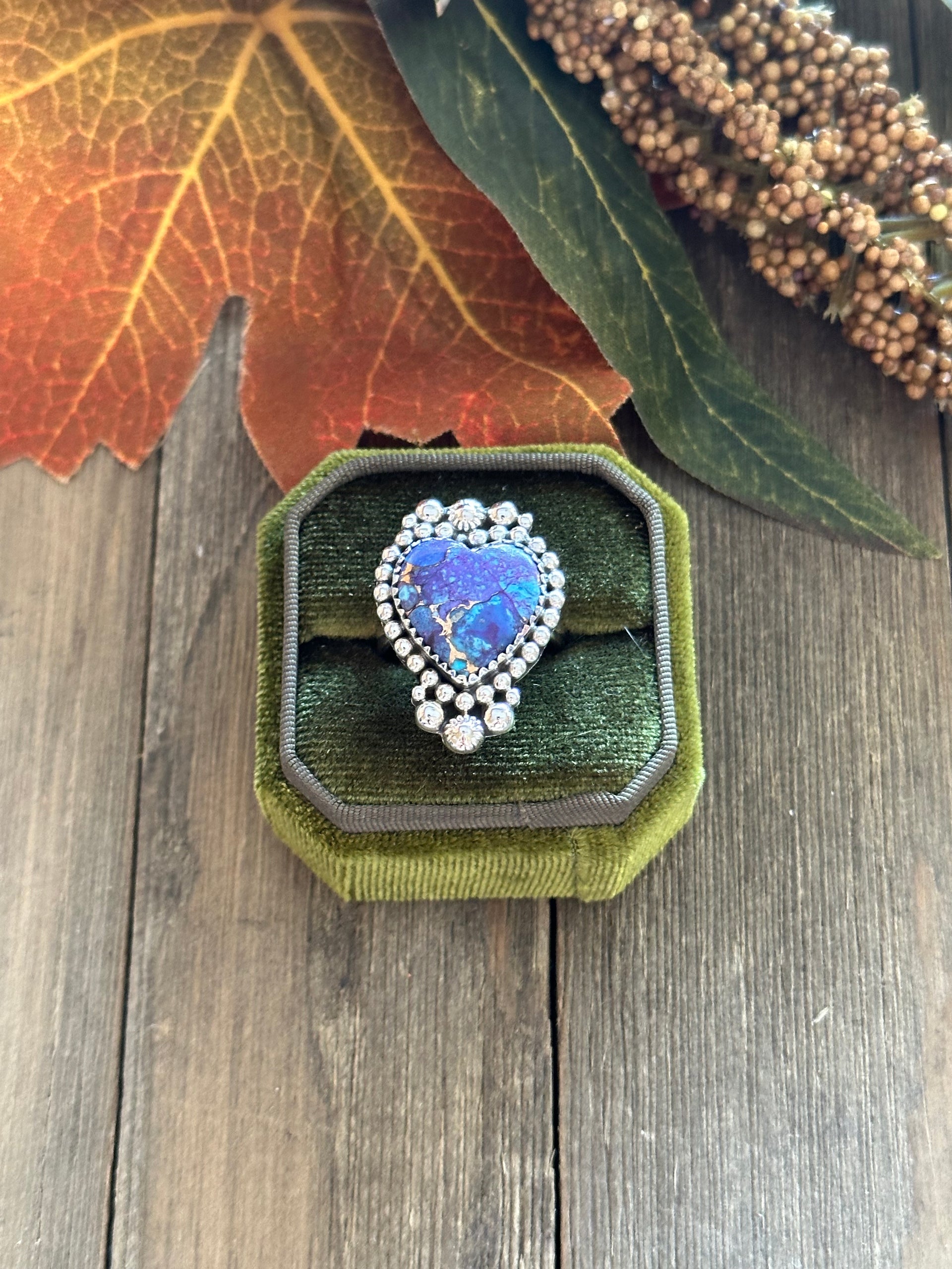 Southwest Handmade Mohave Turquoise & Sterling Silver Heart Ring Size 8.25