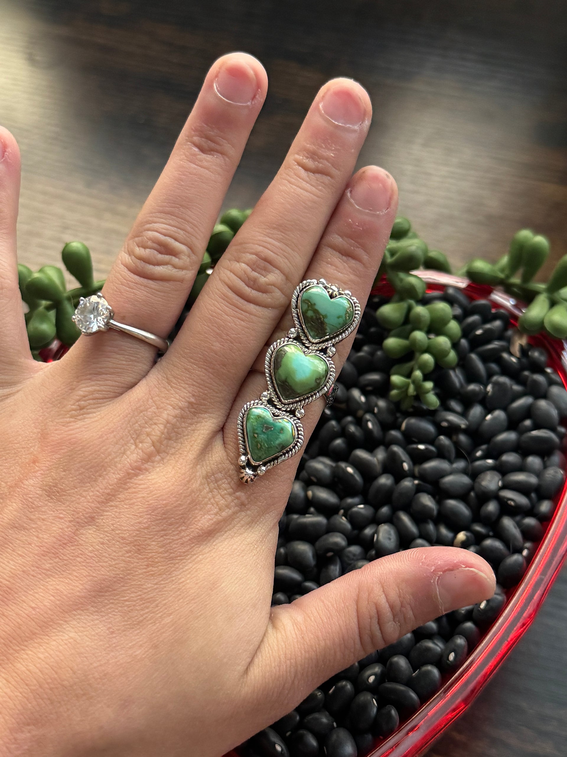 Southwest Handmade Sonoran Mountain Turquoise & Sterling Silver Adjustable Cluster Triple Heart Ring