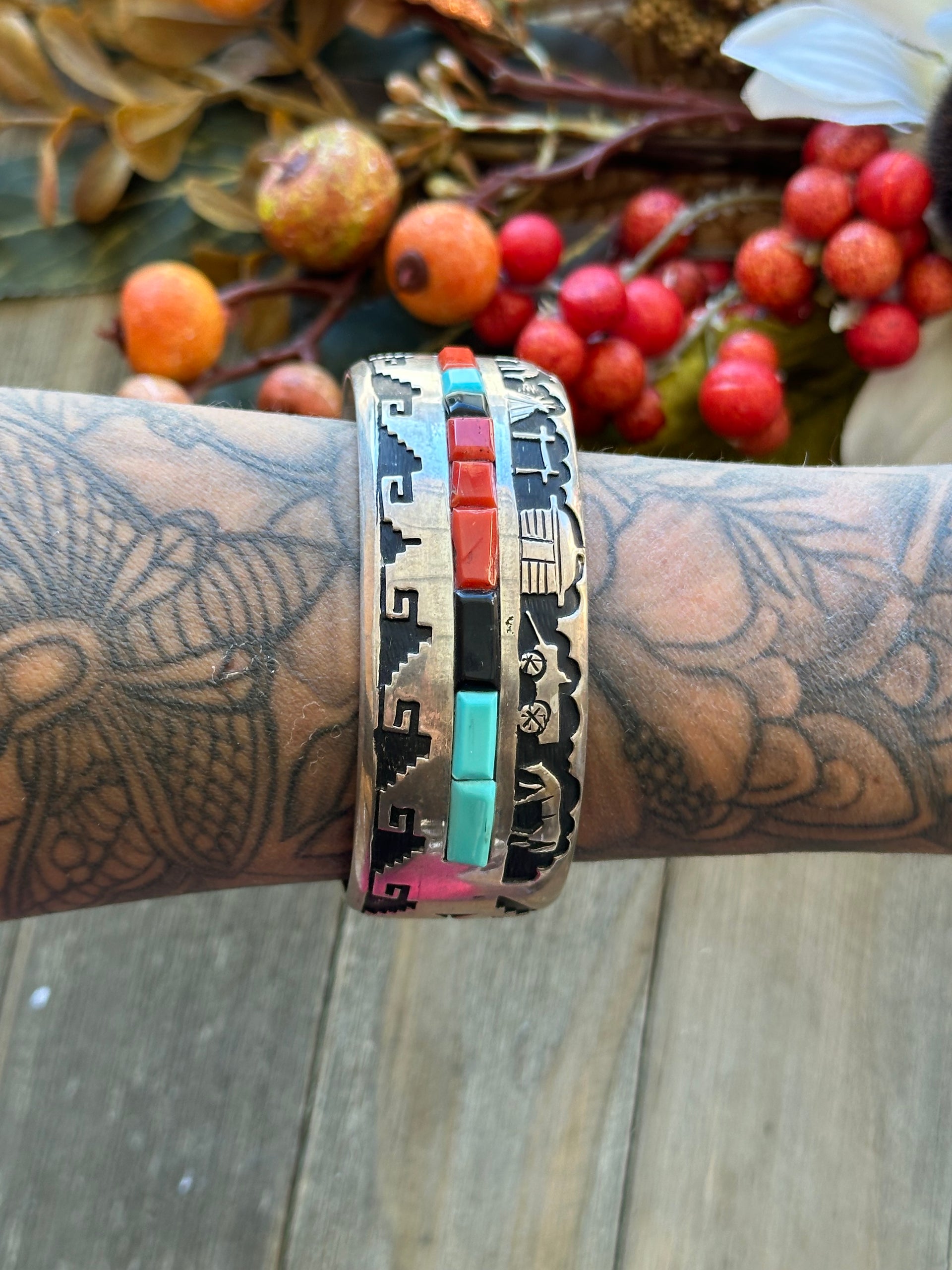 Navajo Made Multi Stone & Sterling Silver Cuff Bracelet