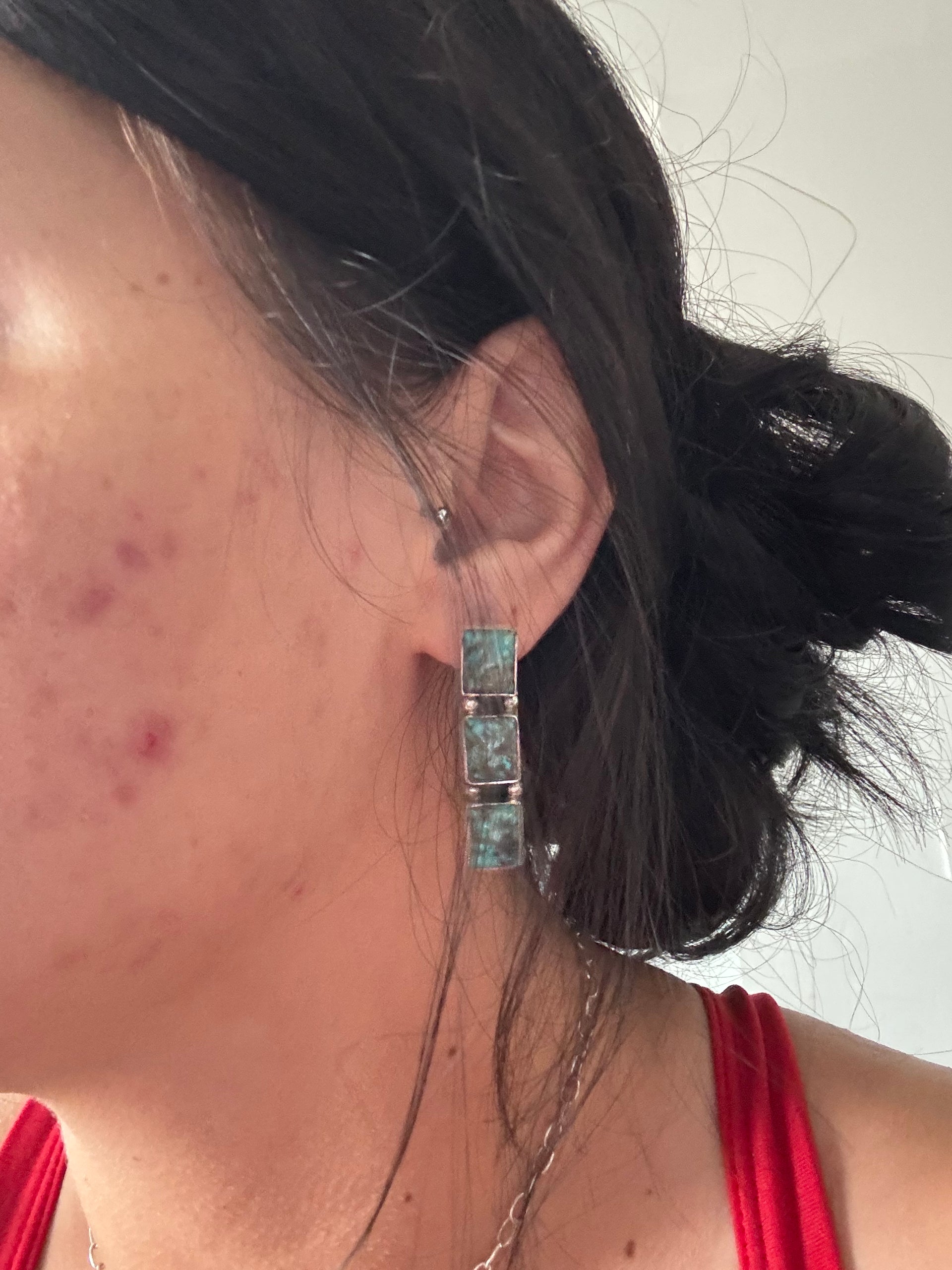 Navajo Made Red Skin Turquoise & Sterling Silver Post Dangle Cluster Earrings