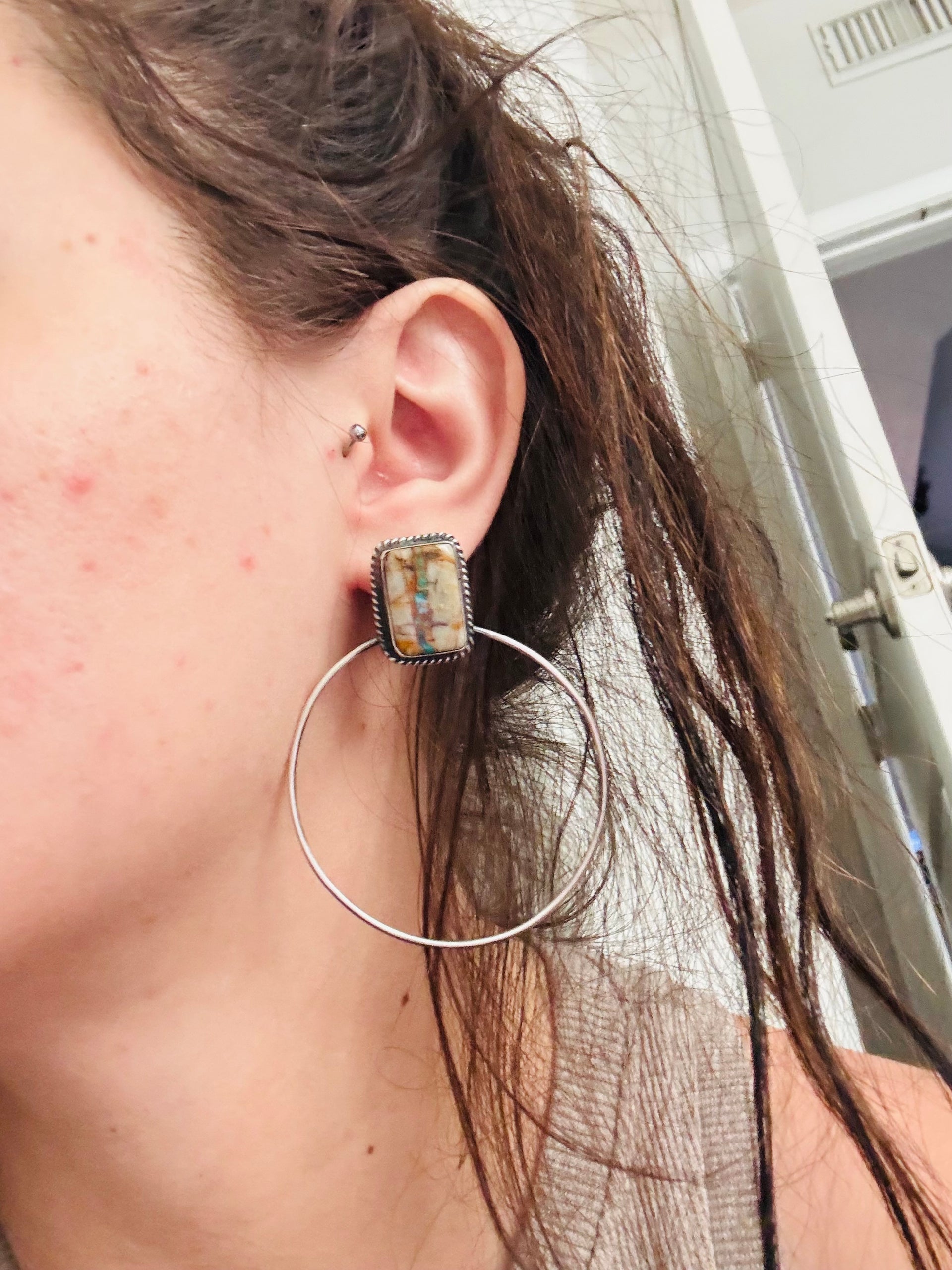 Elouise Kee Ribbon Royston & Sterling Silver Post Dangle Hoop Earrings