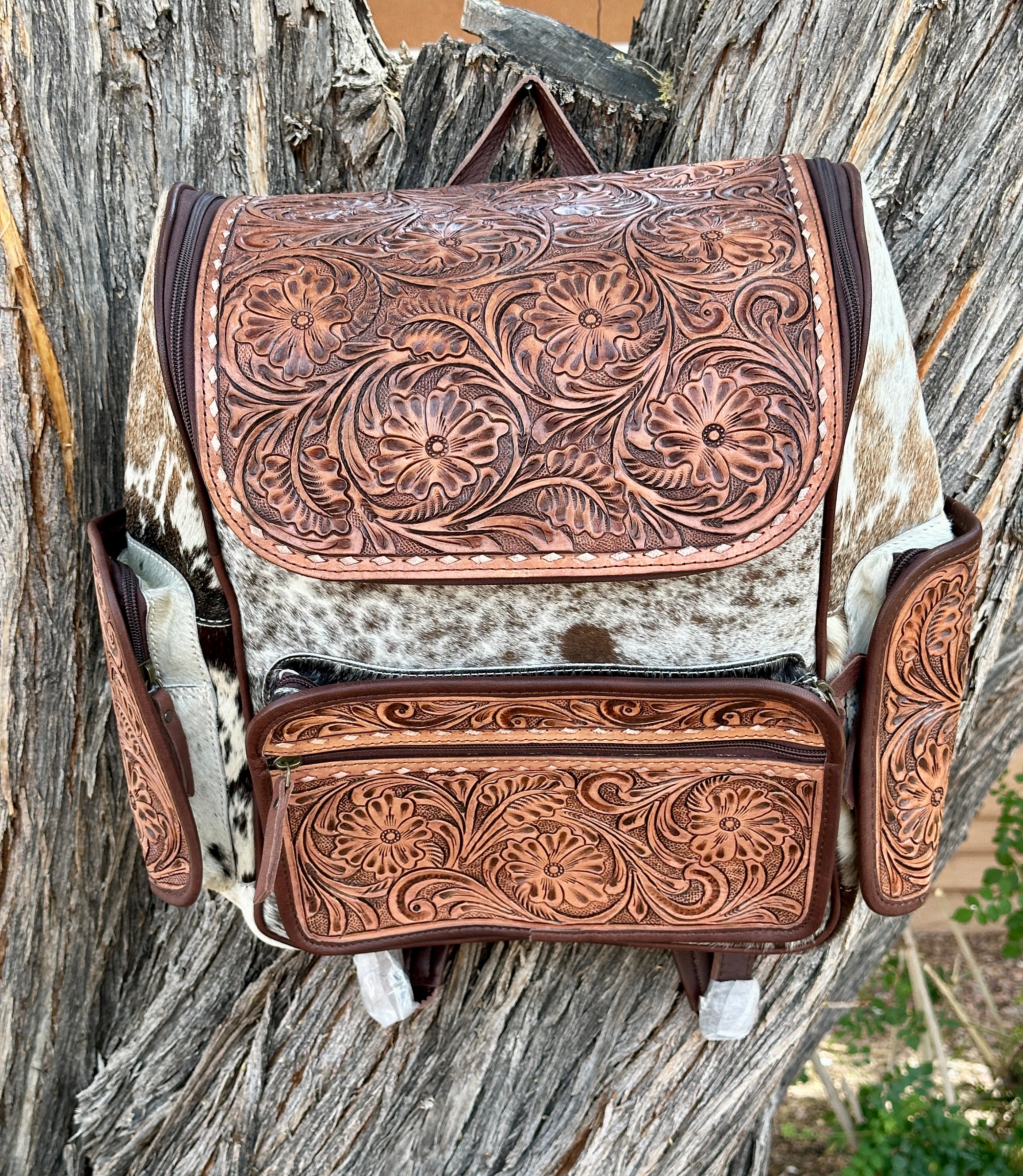 Genuine Tooled Leather Cowhide Back Pack/Diaper Bag