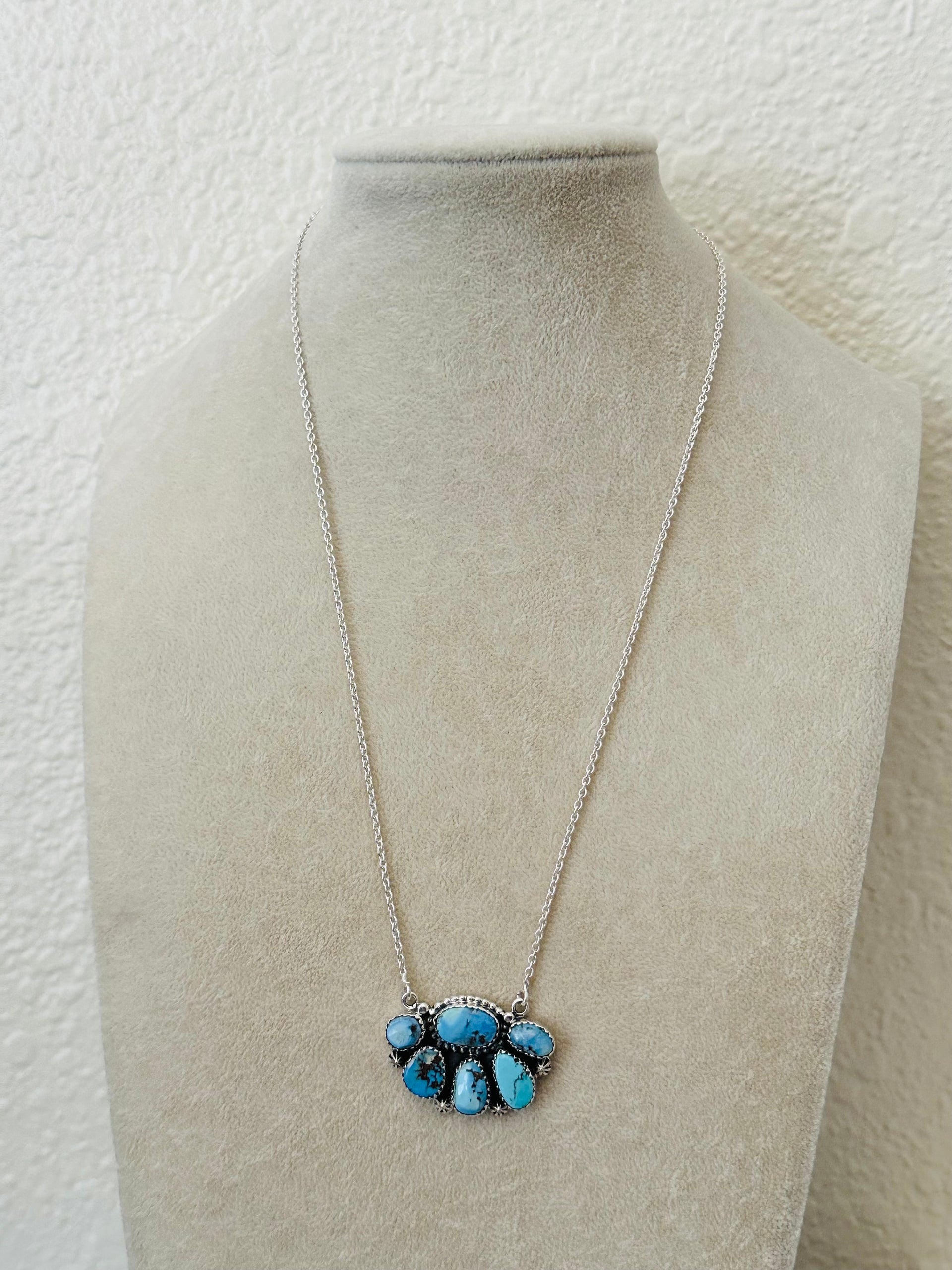 Southwest Handmade Golden Hills Turquoise & Sterling Silver Cluster Necklace