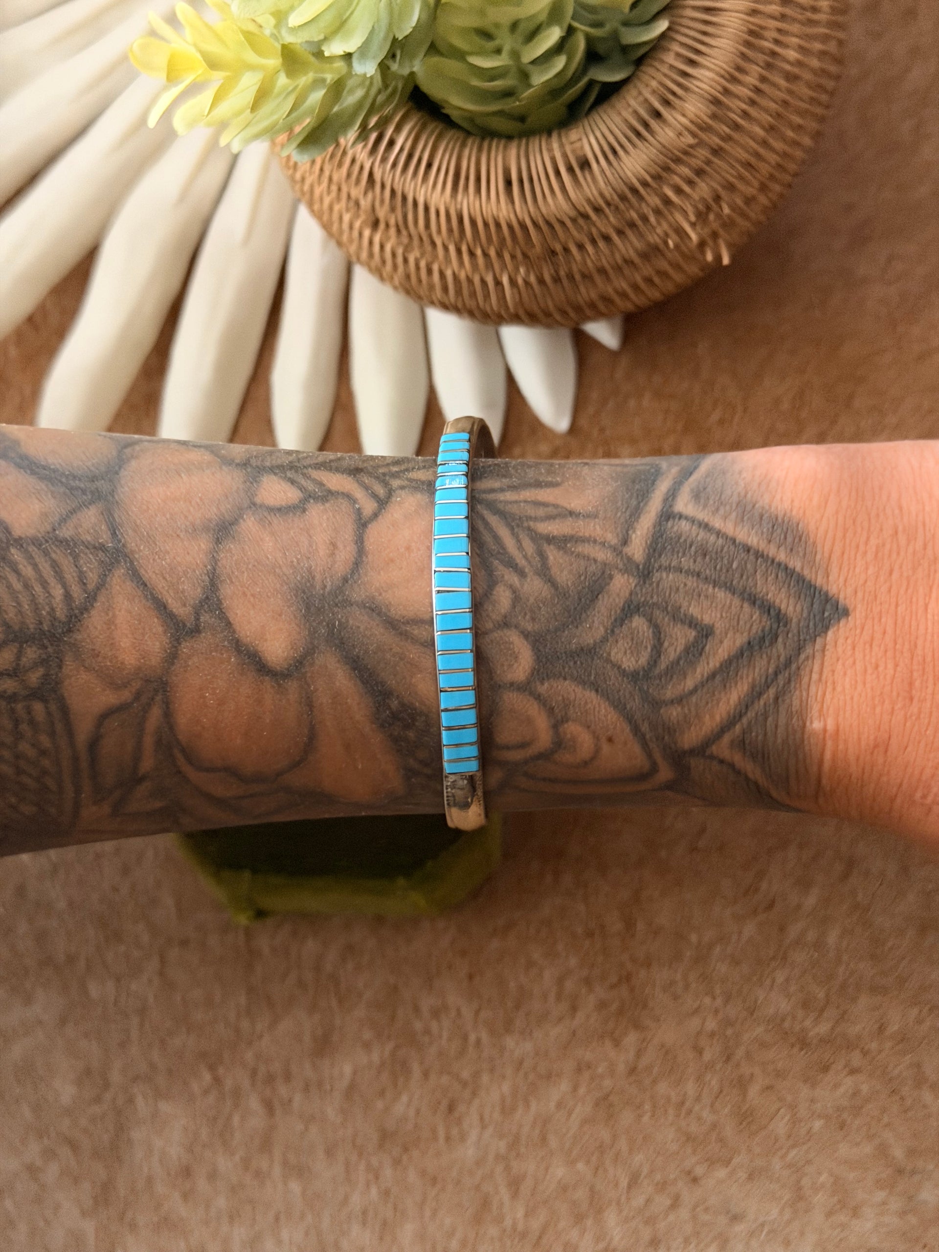 Zuni Made Kingman Turquoise & Sterling Silver Inlay Cuff Bracelet