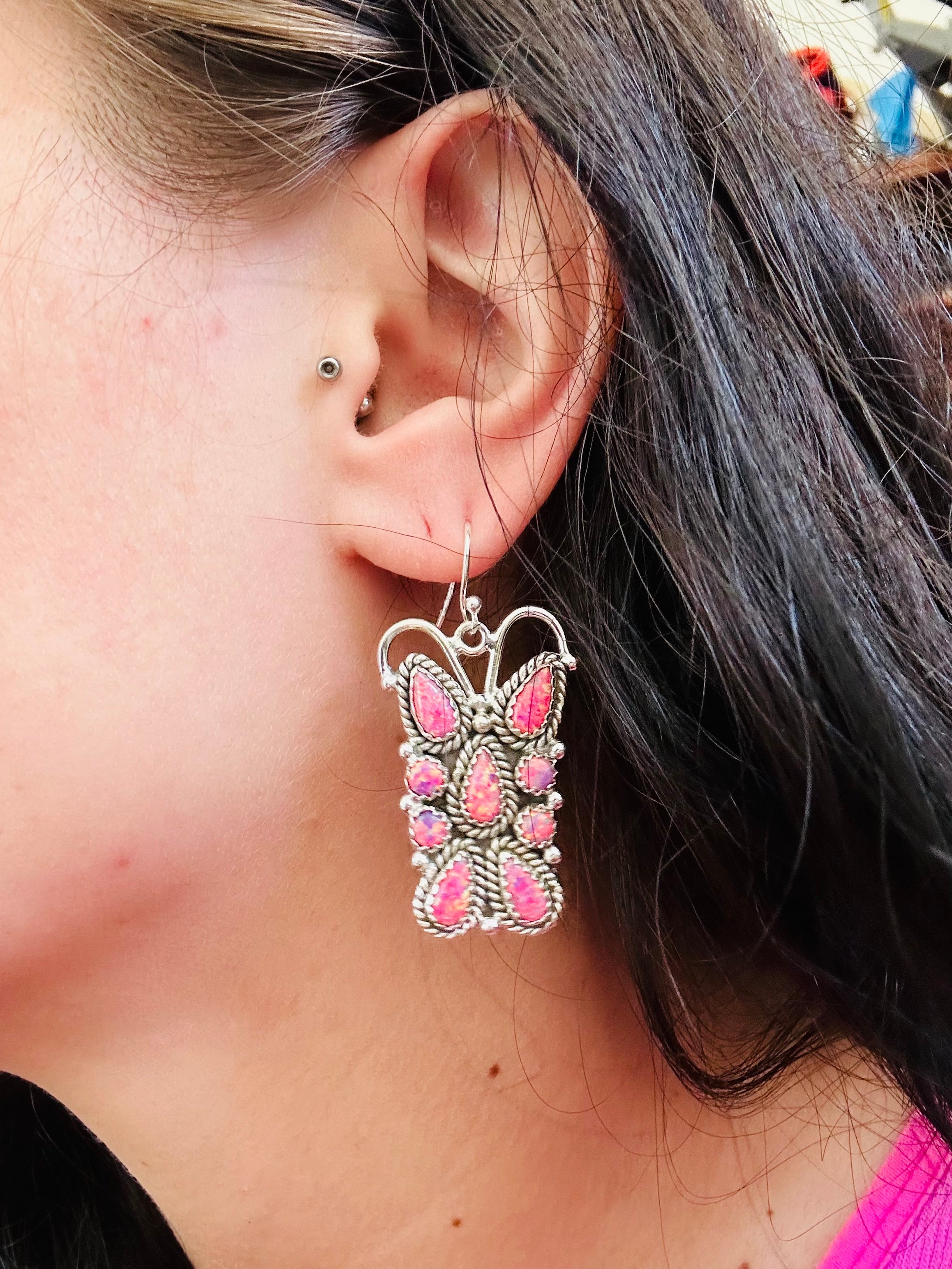 TTD “K’aalógii” Pink Opal & Sterling Silver Dangle Earrings