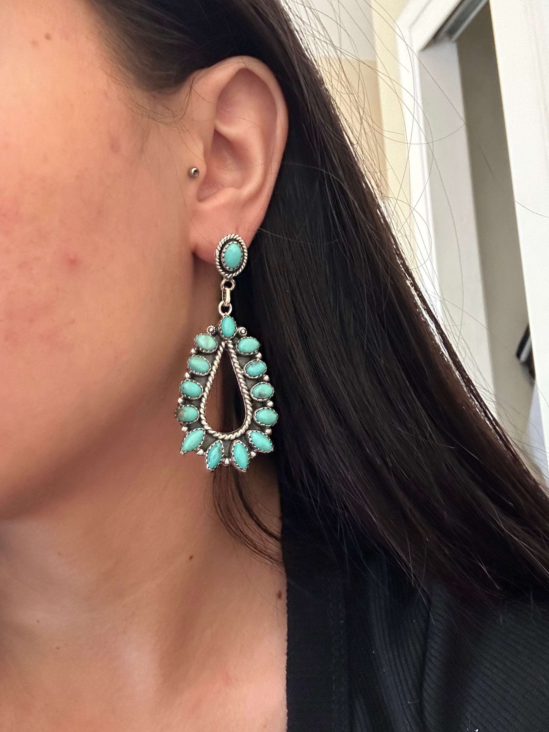 Southwest Handmade Kingman Turquoise & Sterling Silver Post Dangle Cluster Earrings