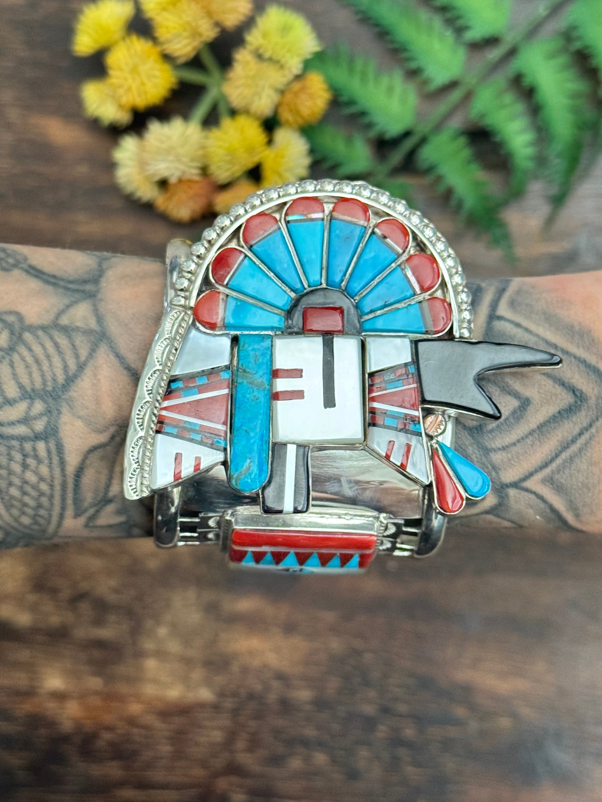 Patty Eddaakie Zuni Multi Stone & Sterling Silver Inlay Cuff Bracelet