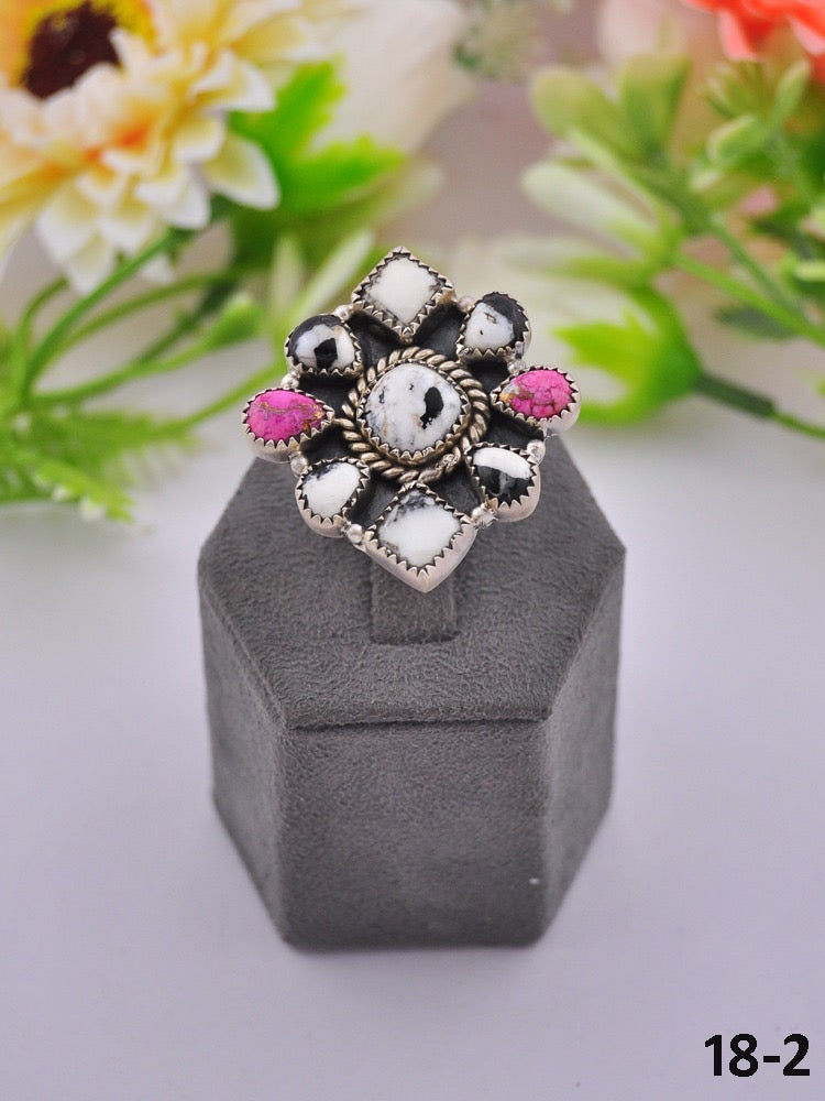 Southwest Made Multi Stone & Sterling Sliver Cluster Adjustable Ring