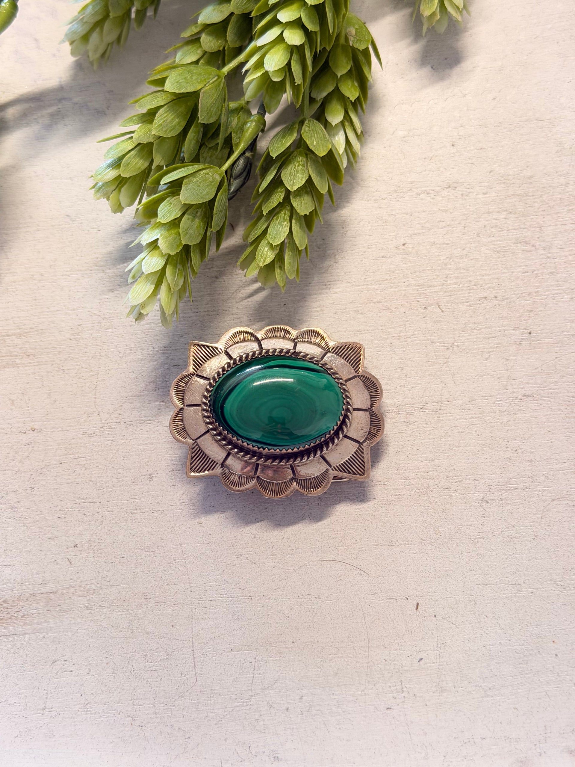 Vintage Navajo Made Malachite & Sterling Silver Belt Buckle