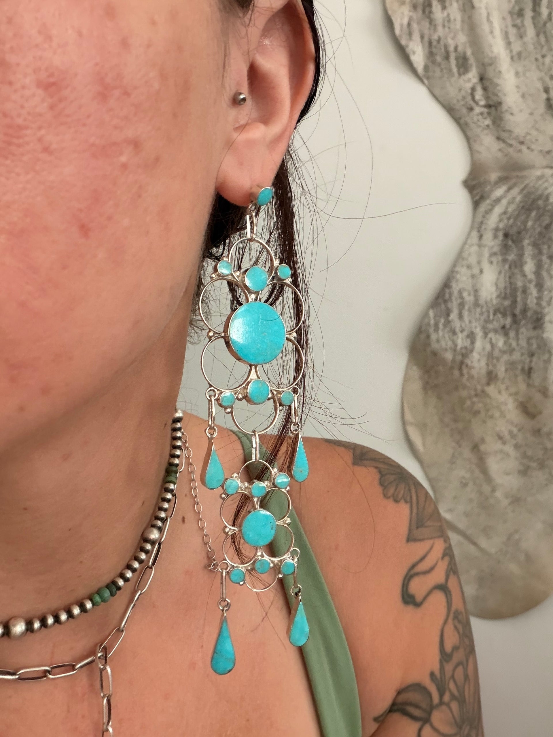Zuni Made Kingman Turquoise & Sterling Silver Post Dangle Earrings