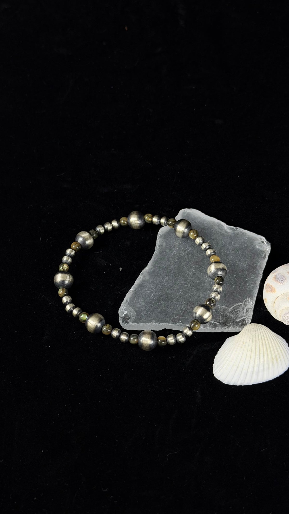 Navajo Strung Abalone & Sterling Silver Machine Made Pearl Stretch Bracelet