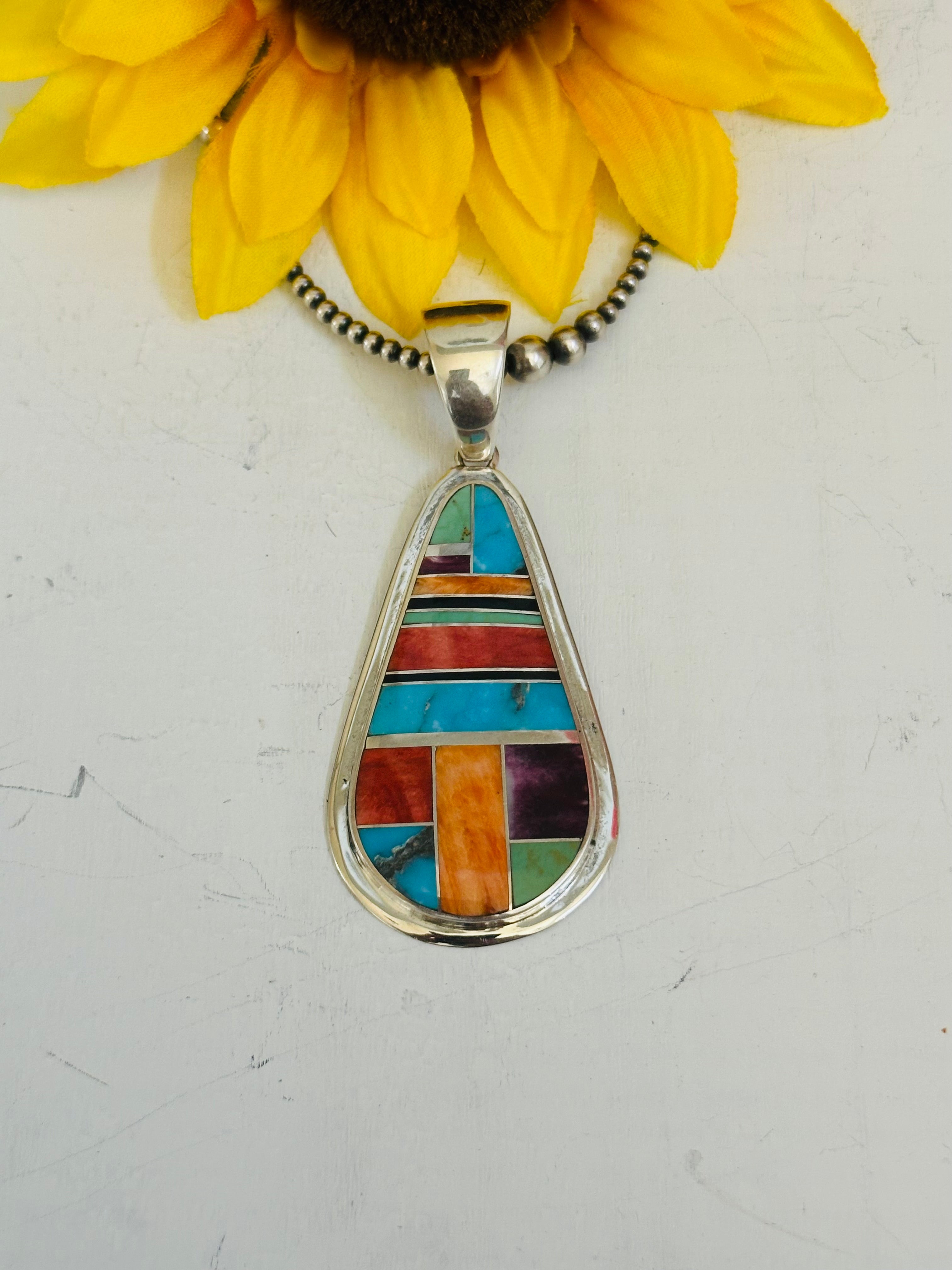 Navajo Made Multi Stone & Sterling Silver Inlay Pendant